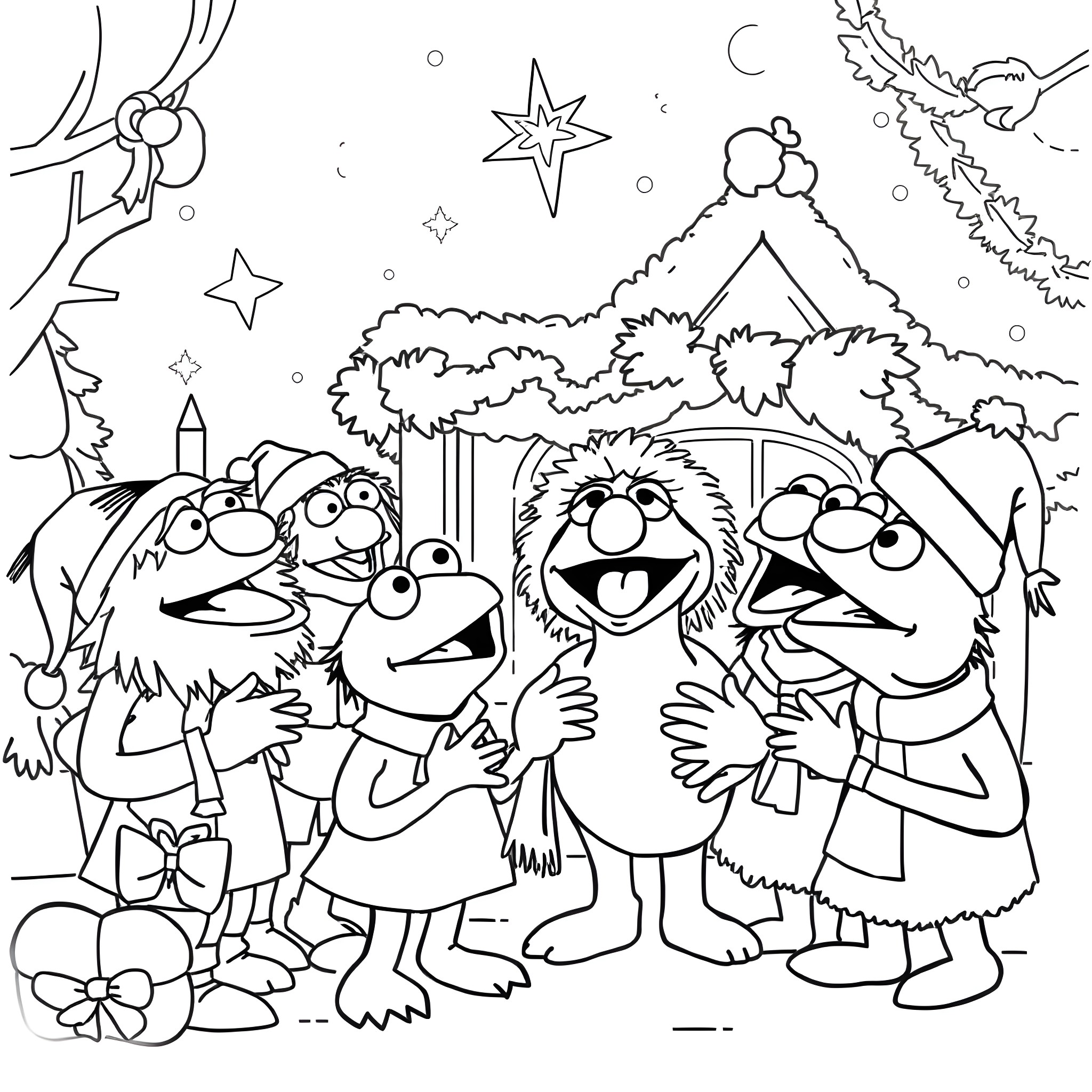 Muppet characters in a winter wonderland scene Coloring Page (free black-and-white line drawing printable PDF for all, from beginners to advanced learners, including children, teens, adults, and seniors)