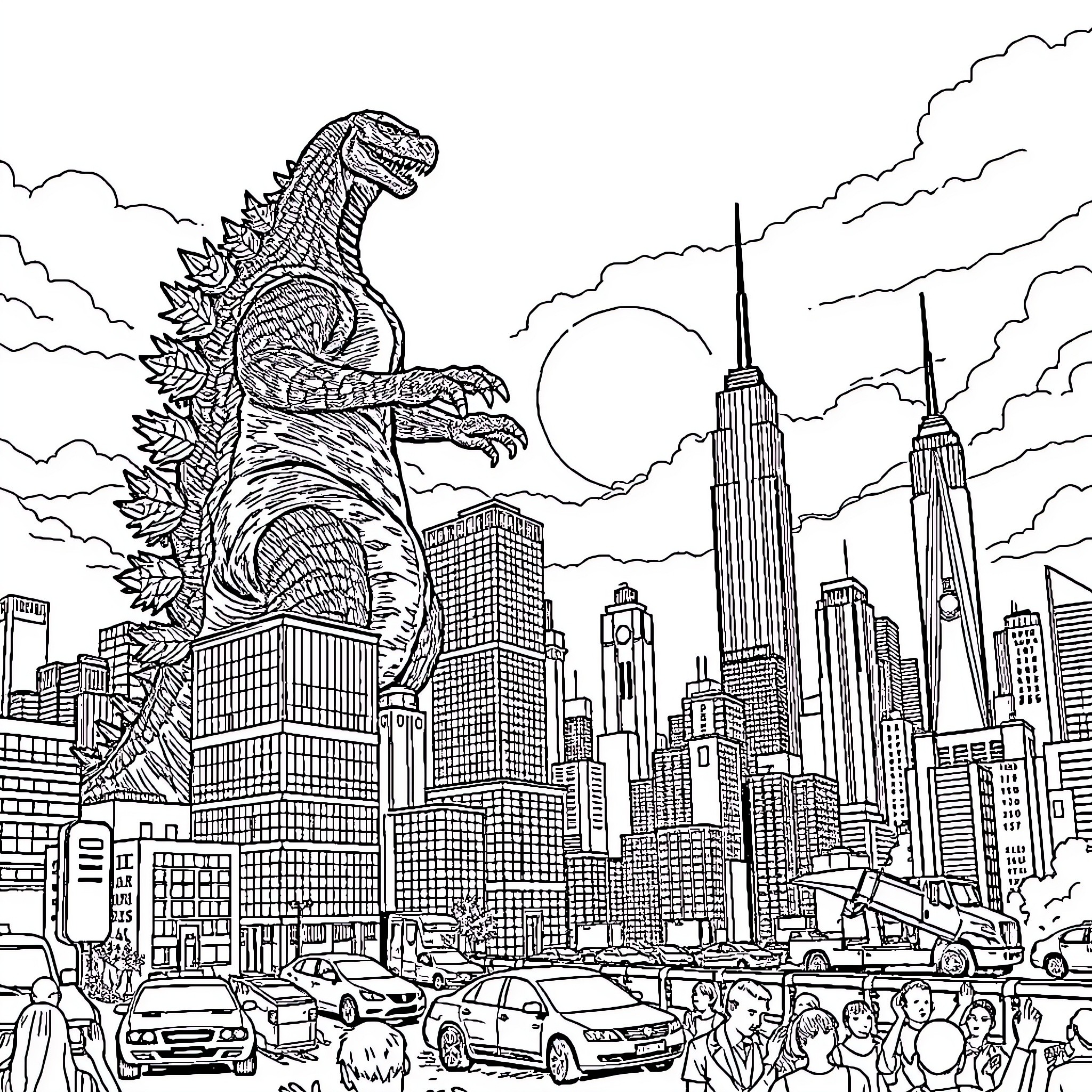 Godzilla attacks the city skyline Coloring Page (free black-and-white line drawing printable PDF for all, from beginners to advanced learners, including children, teens, adults, and seniors)