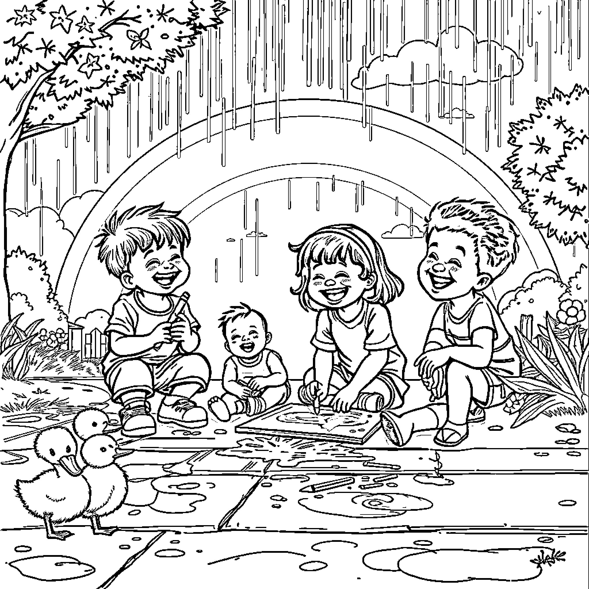 Child Enjoying Outdoor Activities with Friends Coloring Page (free black-and-white line drawing printable PDF for all, from beginners to advanced learners, including children, teens, adults, and seniors)