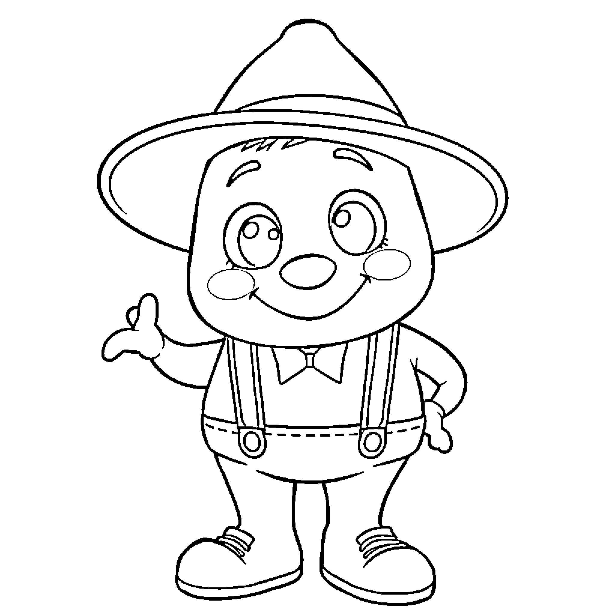 Bluey character in whimsical hat and overalls Coloring Page (free black-and-white line drawing printable PDF for all, from beginners to advanced learners, including children, teens, adults, and seniors)