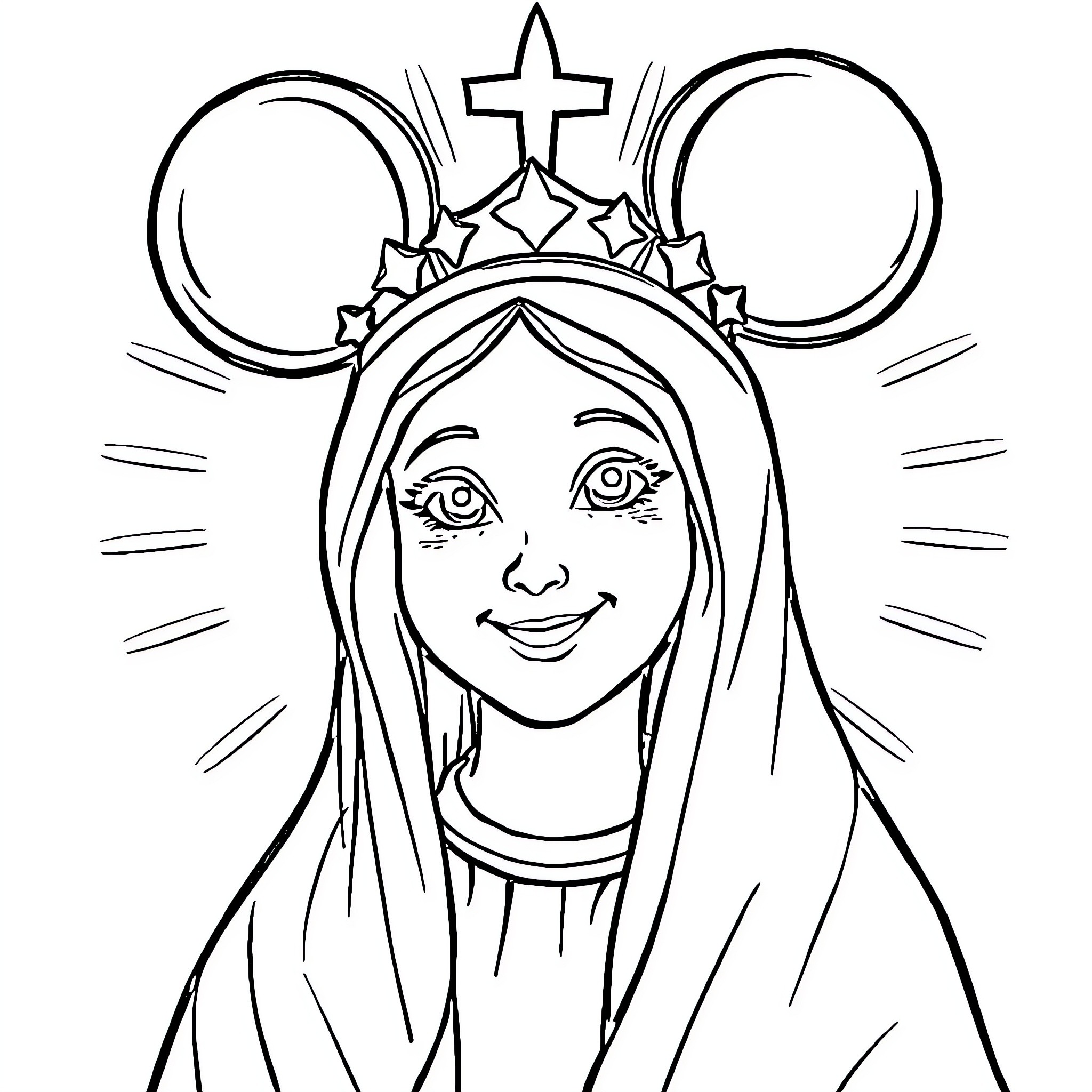 Virgin Mary in contemplative pose Coloring Page (free black-and-white line drawing printable PDF for all, from beginners to advanced learners, including children, teens, adults, and seniors)