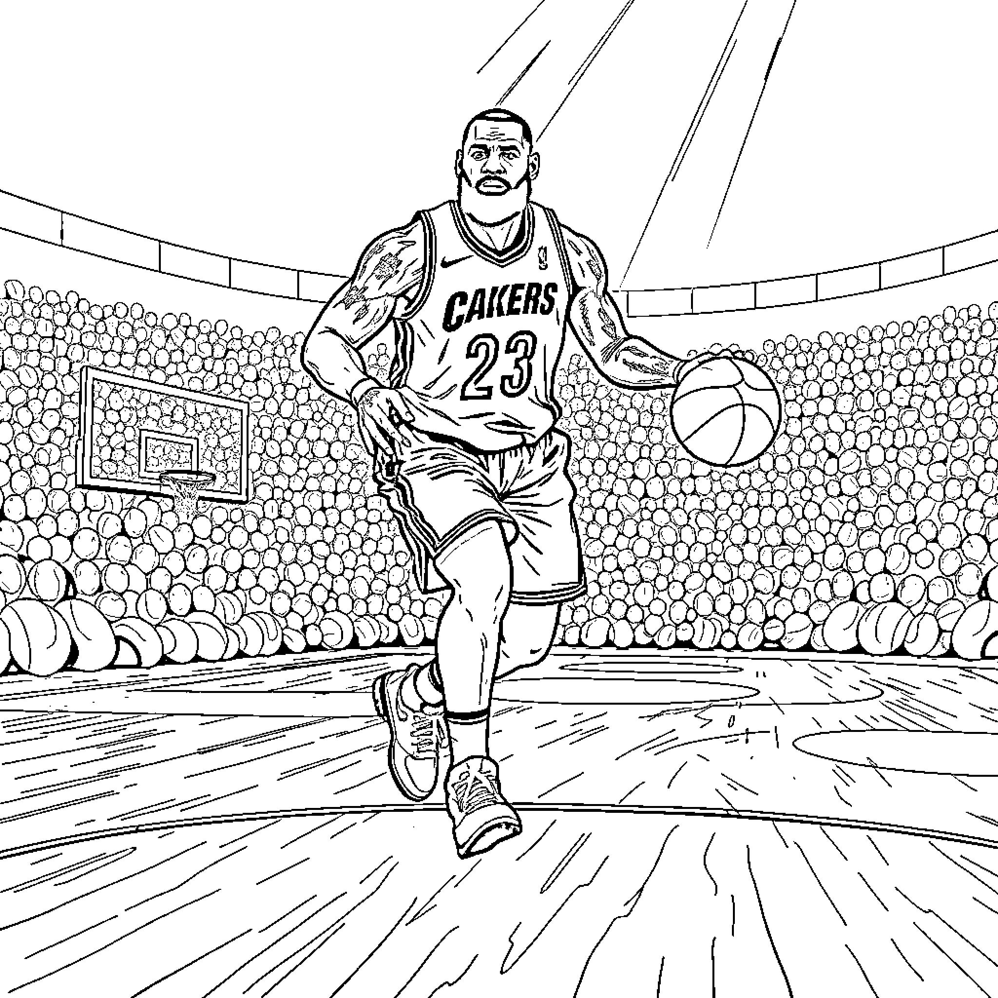 LeBron James Dunking Basketball in Cakers Jersey Coloring Page (free black-and-white line drawing printable PDF for all, from beginners to advanced learners, including children, teens, adults, and seniors)