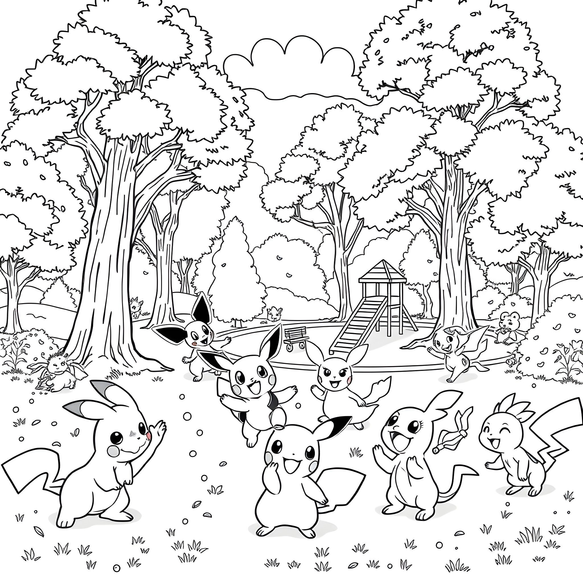 Pokémon characters playing joyfully in a forest landscape Coloring Page (free black-and-white line drawing printable PDF for all, from beginners to advanced learners, including children, teens, adults, and seniors)