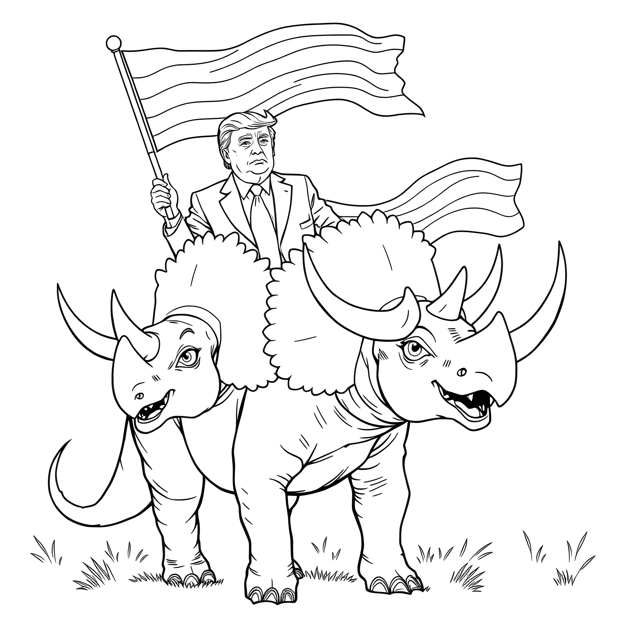 Donald Trump riding dinosaurs while waving American flag Coloring Page (free black-and-white line drawing printable PDF for all, from beginners to advanced learners, including children, teens, adults, and seniors)