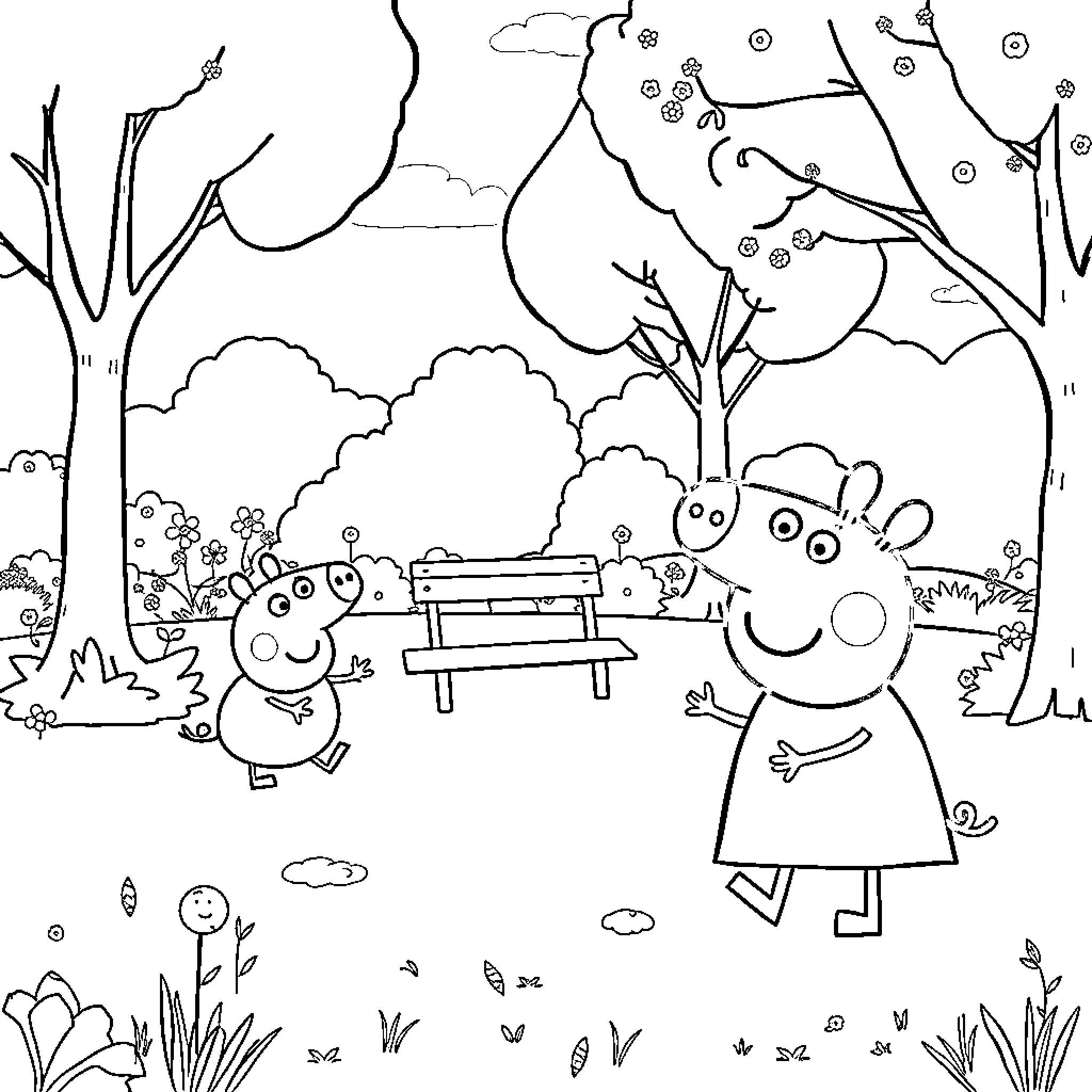 Peppa Pig and friends enjoying a day in the park Coloring Page (free black-and-white line drawing printable PDF for all, from beginners to advanced learners, including children, teens, adults, and seniors)