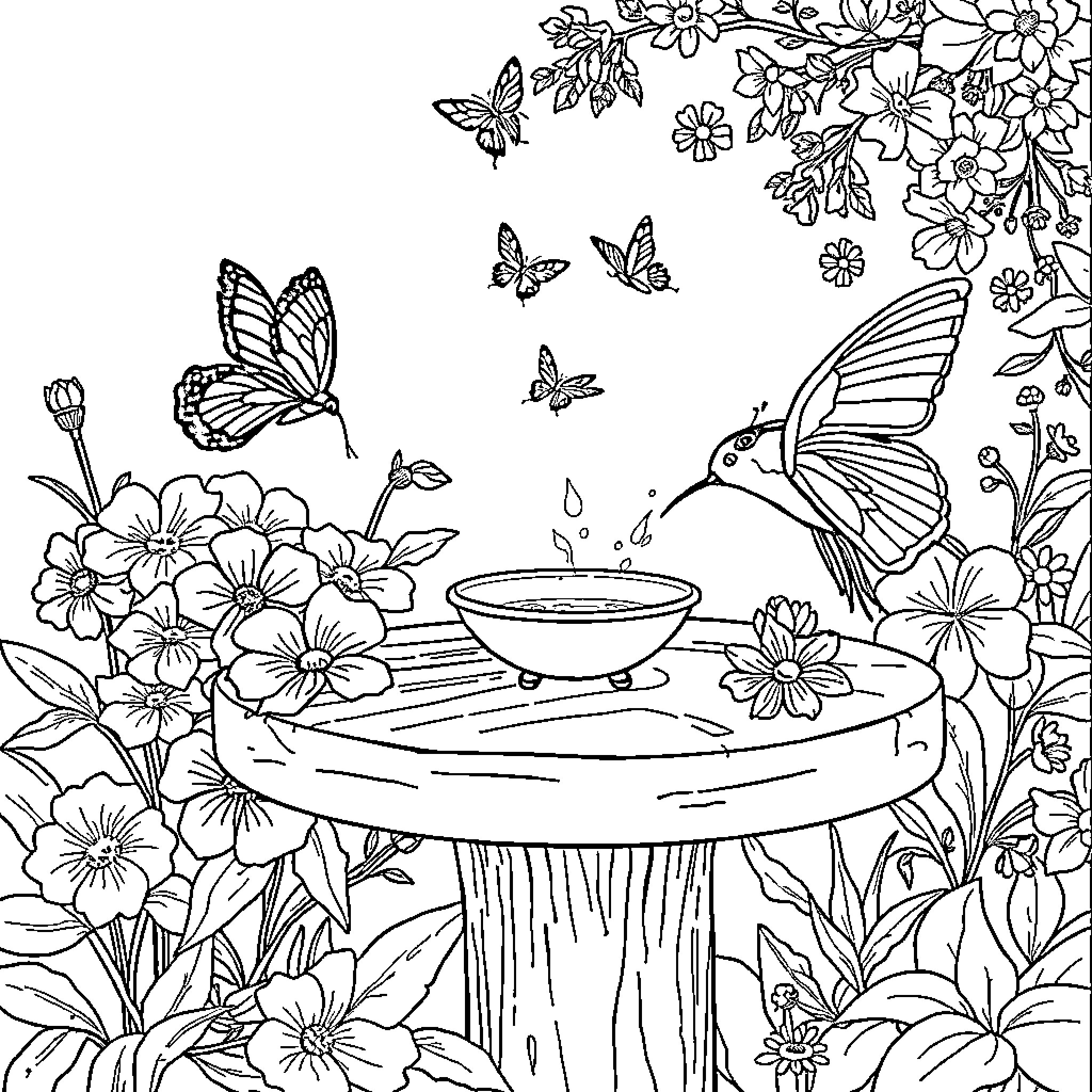 Flower Garden with Butterflies Visiting Birdbath Coloring Page (free black-and-white line drawing printable PDF for all, from beginners to advanced learners, including children, teens, adults, and seniors)