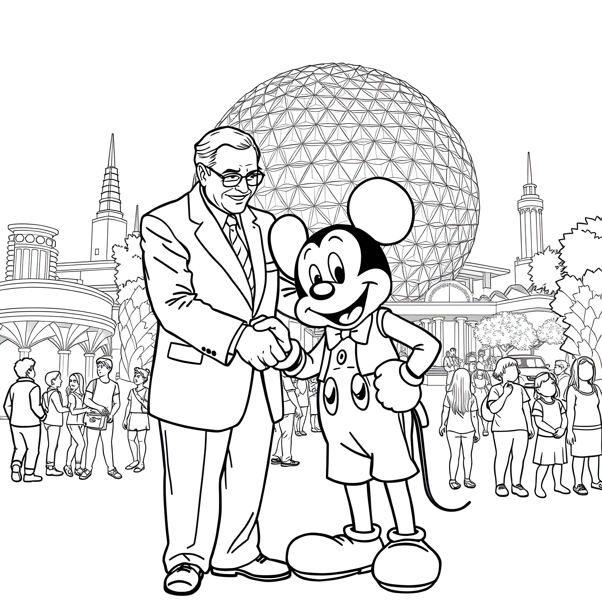 Walt Disney and Cheerful Mickey Mouse at Disney Park Coloring Page (free black-and-white line drawing printable PDF for all, from beginners to advanced learners, including children, teens, adults, and seniors)