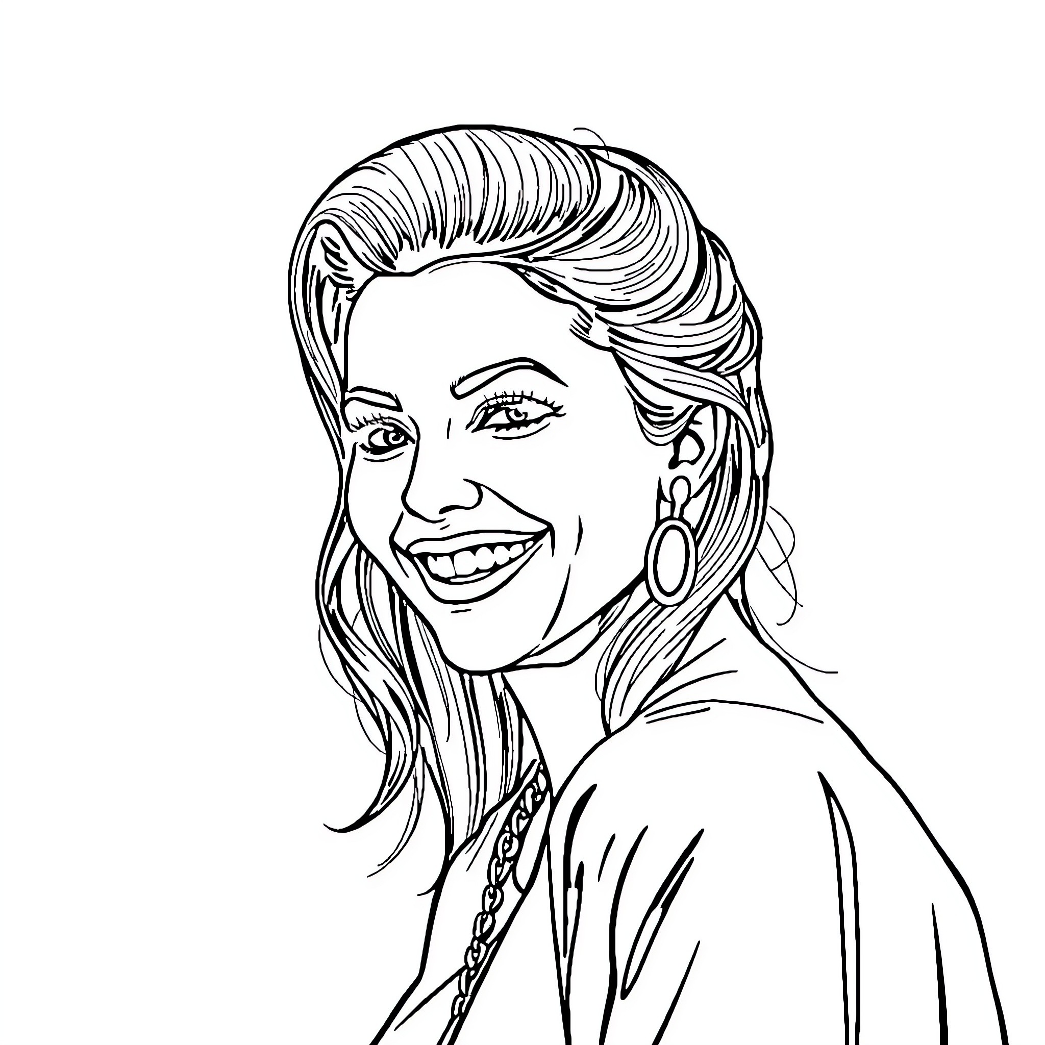 Clara Morgane smiling joyfully in portrait Coloring Page (free black-and-white line drawing printable PDF for all, from beginners to advanced learners, including children, teens, adults, and seniors)