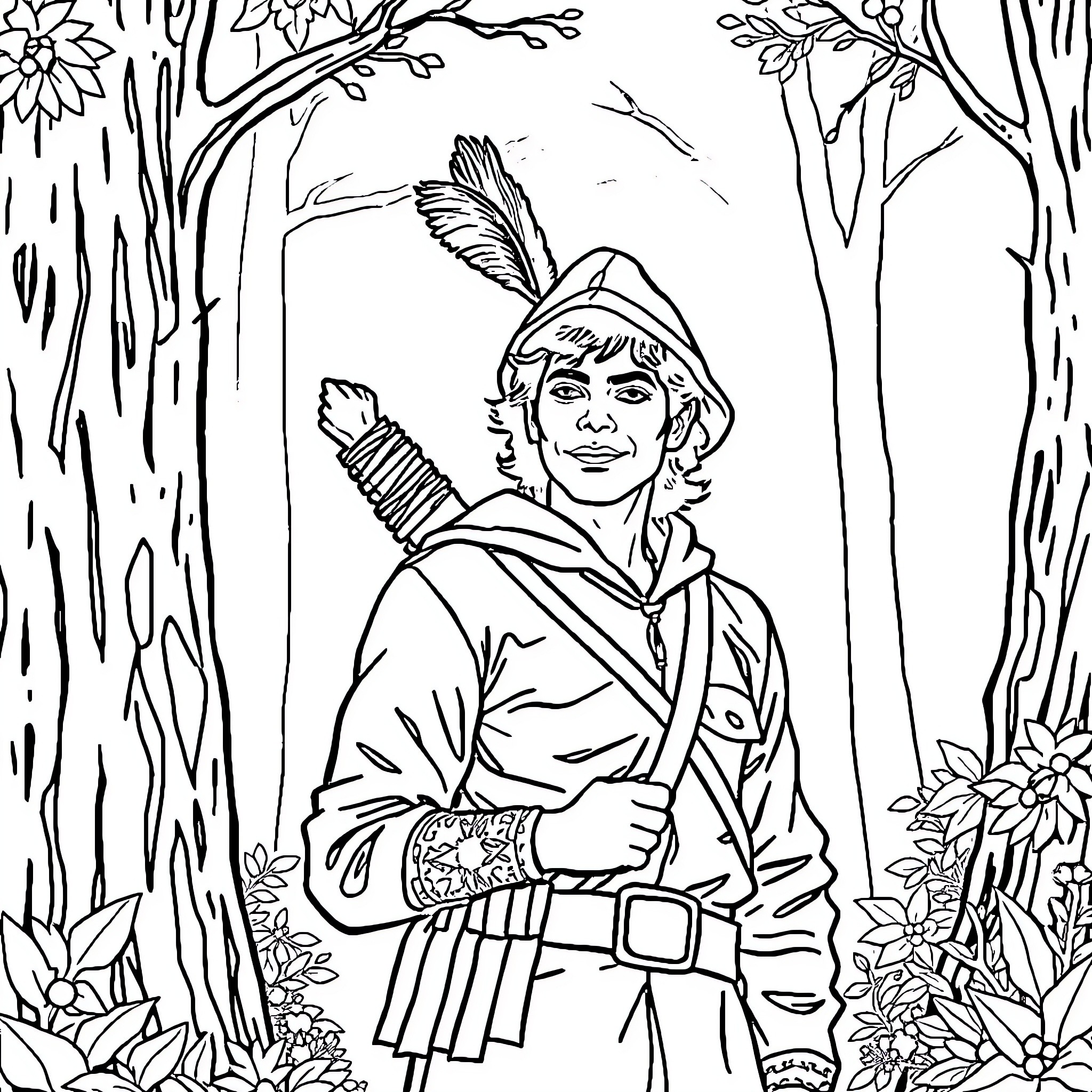 Robin Hood in the Enchanted Forest Coloring Page (free black-and-white line drawing printable PDF for all, from beginners to advanced learners, including children, teens, adults, and seniors)
