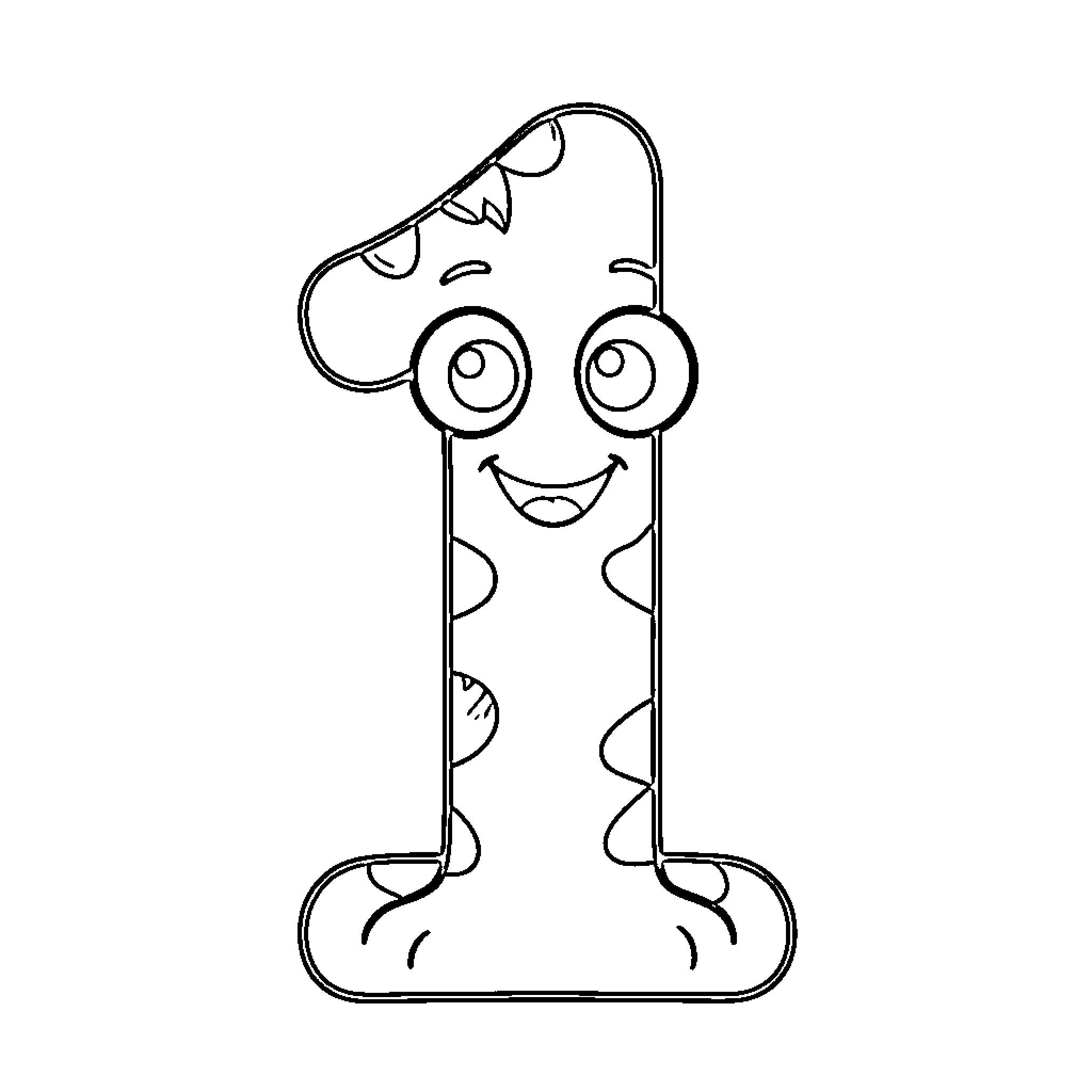 Number 1 Cartoon Character with Expressive Face Coloring Page (free black-and-white line drawing printable PDF for all, from beginners to advanced learners, including children, teens, adults, and seniors)