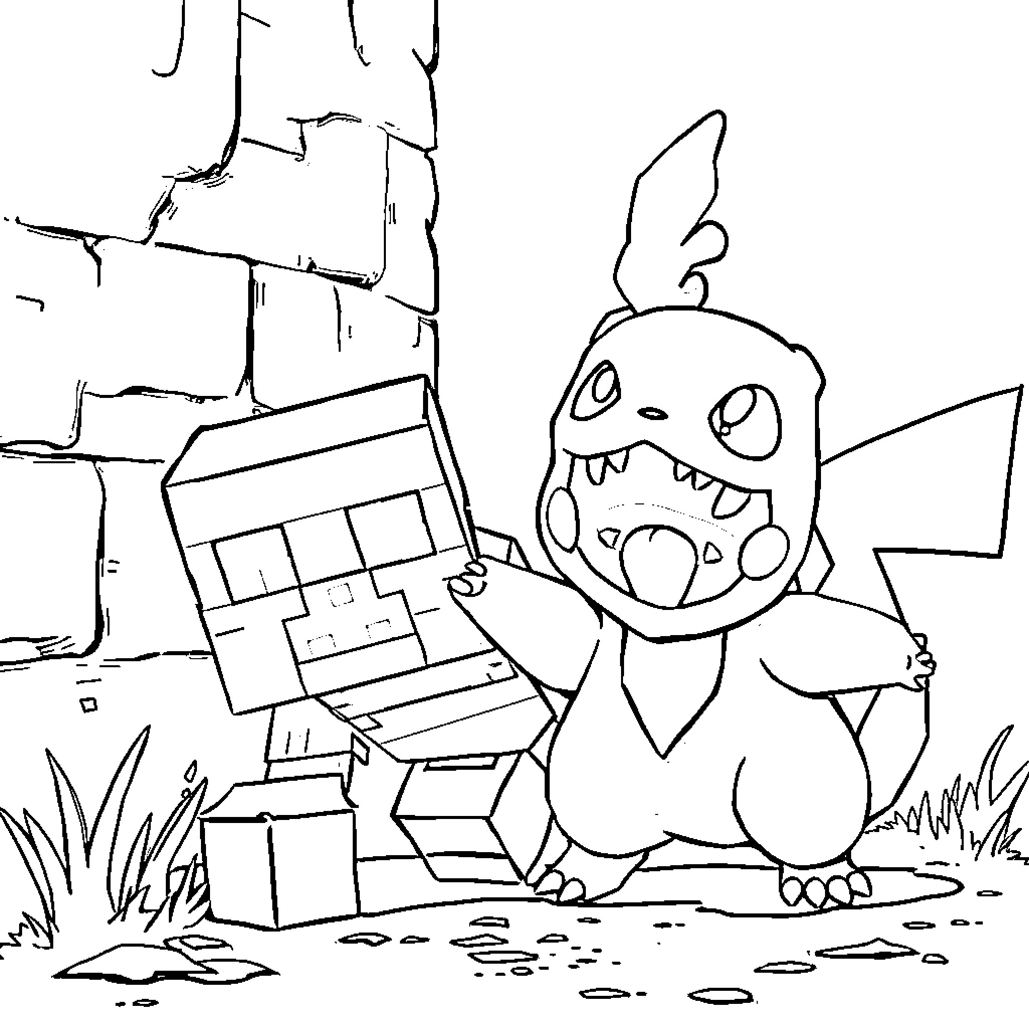 Creeper creature with fangs playing with mysterious box in a forest Coloring Page (free black-and-white line drawing printable PDF for all, from beginners to advanced learners, including children, teens, adults, and seniors)