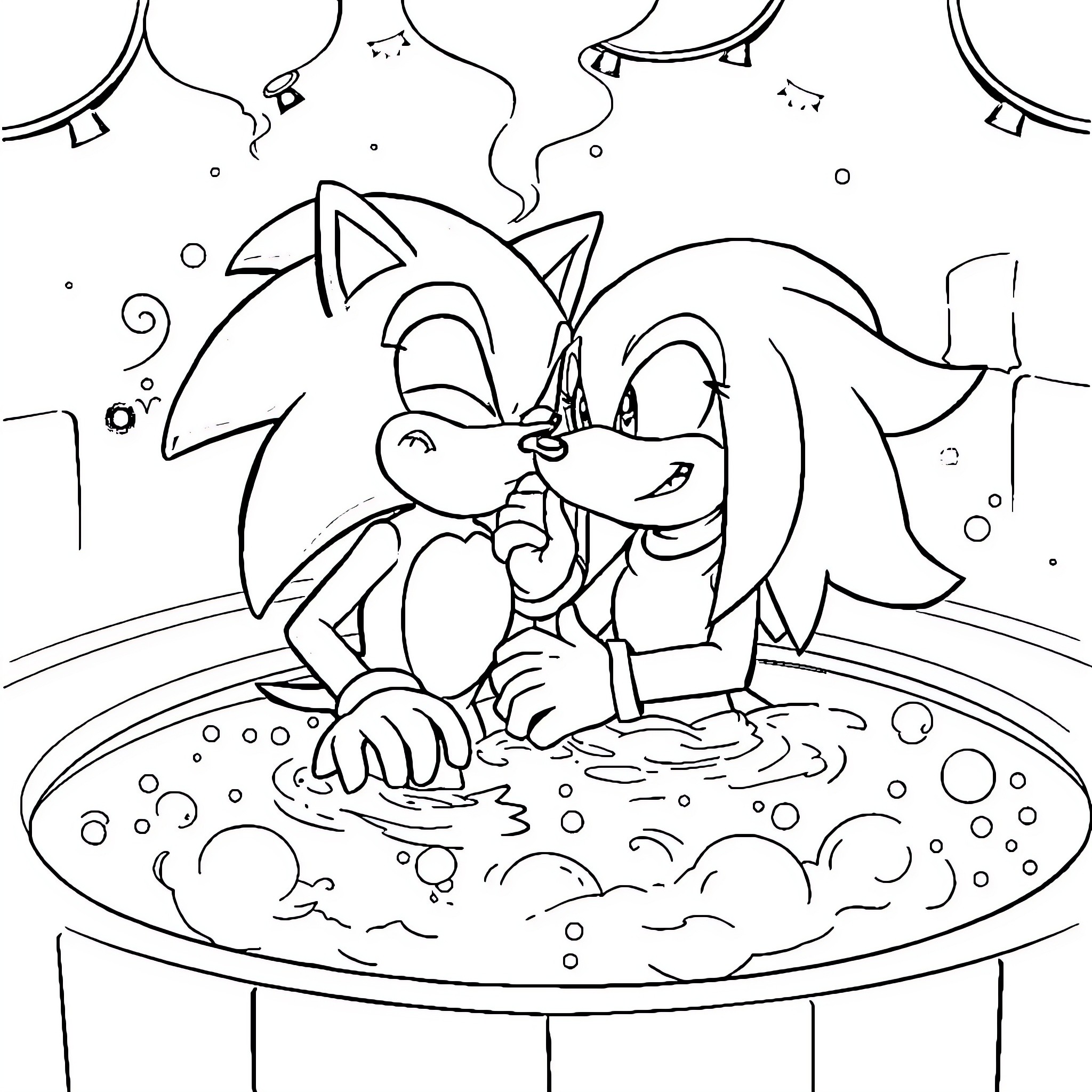 Sonic and Amy enjoy a playful moment Coloring Page (free black-and-white line drawing printable PDF for all, from beginners to advanced learners, including children, teens, adults, and seniors)