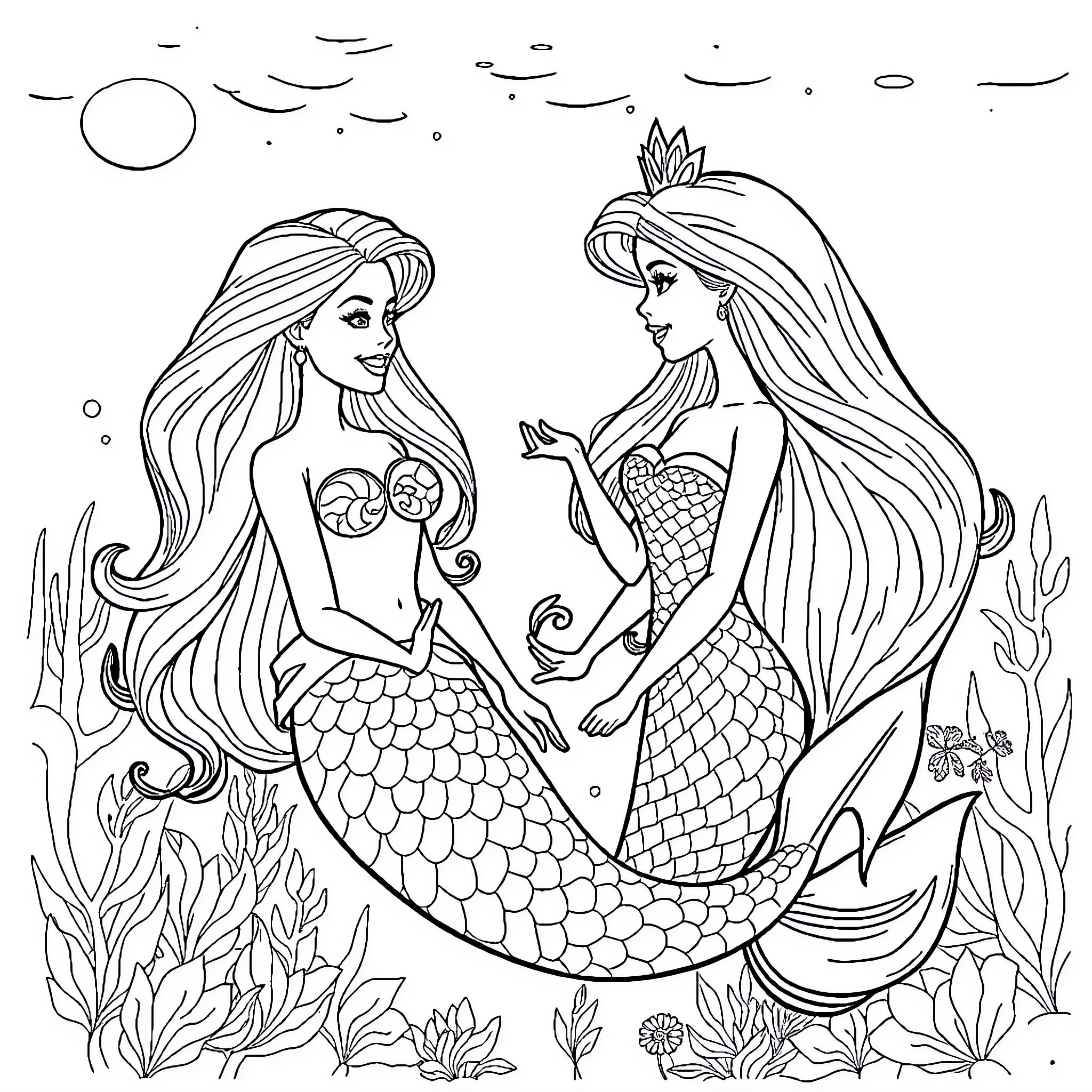 Barbie mermaids exploring the underwater world Coloring Page (free black-and-white line drawing printable PDF for all, from beginners to advanced learners, including children, teens, adults, and seniors)