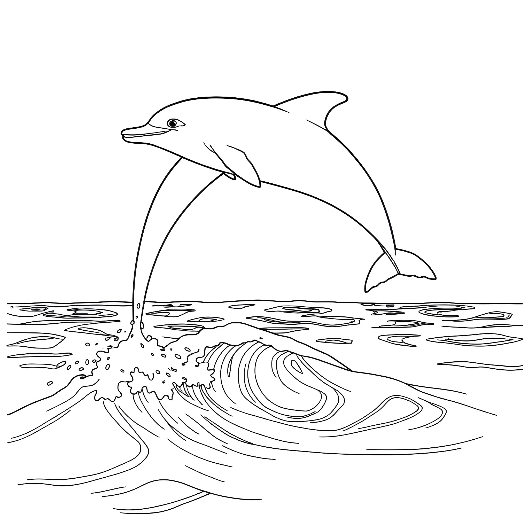 Dolphin leaping above the ocean waves Coloring Page (free black-and-white line drawing printable PDF for all, from beginners to advanced learners, including children, teens, adults, and seniors)