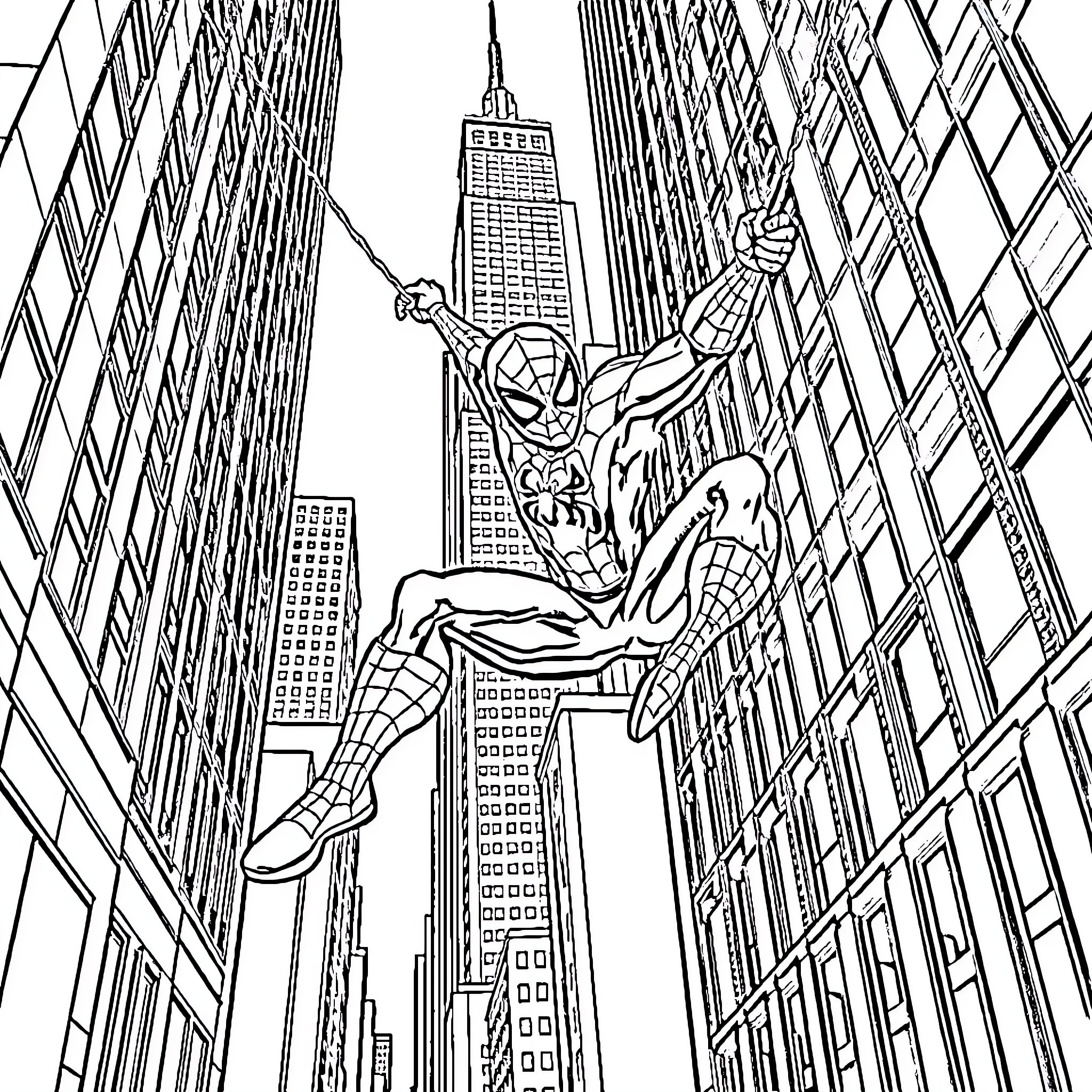 Spidey swinging through the city skyline Coloring Page (free black-and-white line drawing printable PDF for all, from beginners to advanced learners, including children, teens, adults, and seniors)