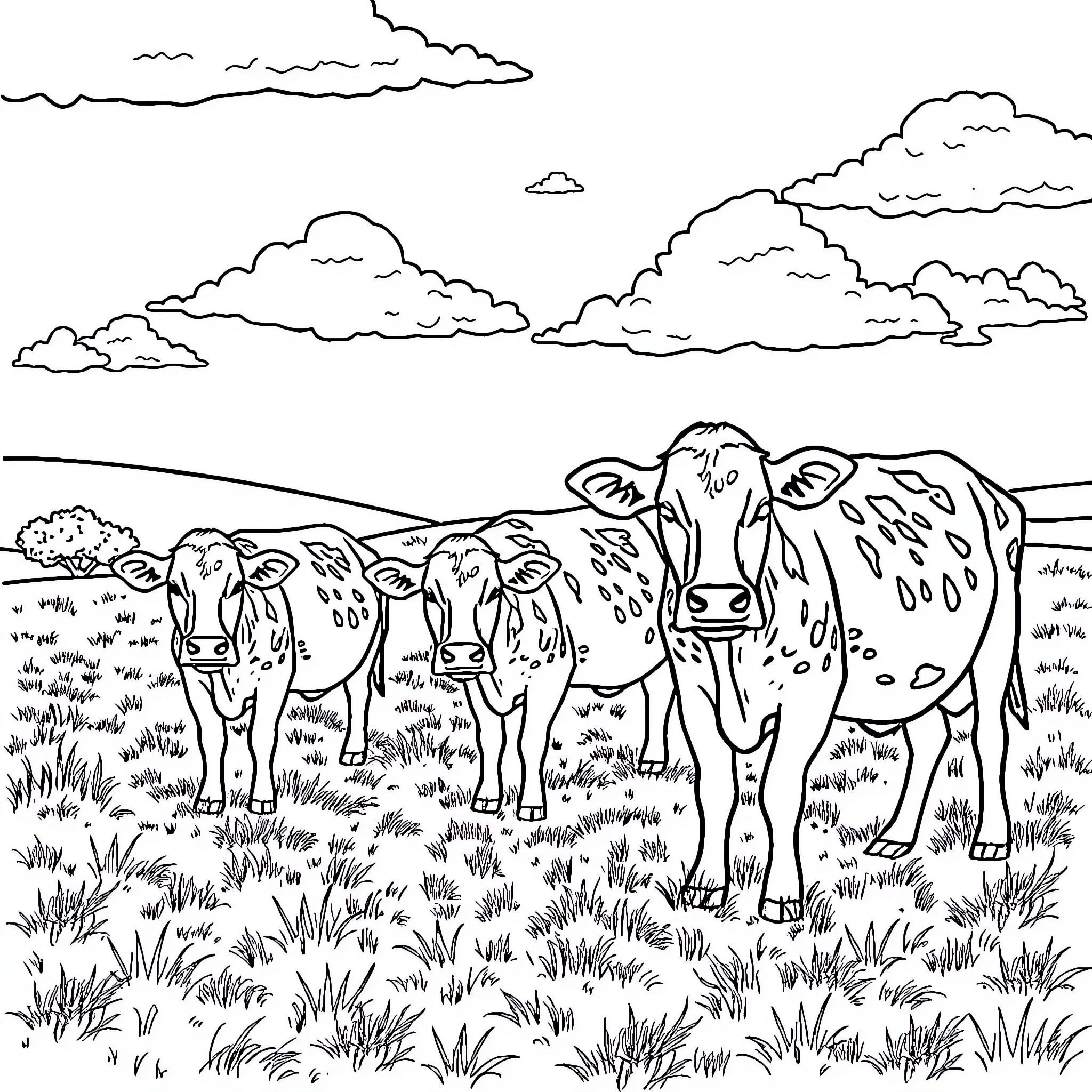 Cows grazing peacefully in a scenic countryside Coloring Page (free black-and-white line drawing printable PDF for all, from beginners to advanced learners, including children, teens, adults, and seniors)