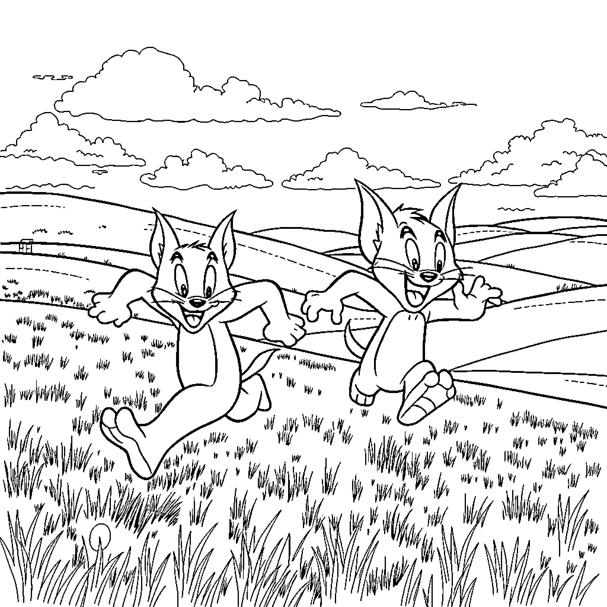 Tom and Jerry playing in the countryside Coloring Page (free black-and-white line drawing printable PDF for all, from beginners to advanced learners, including children, teens, adults, and seniors)