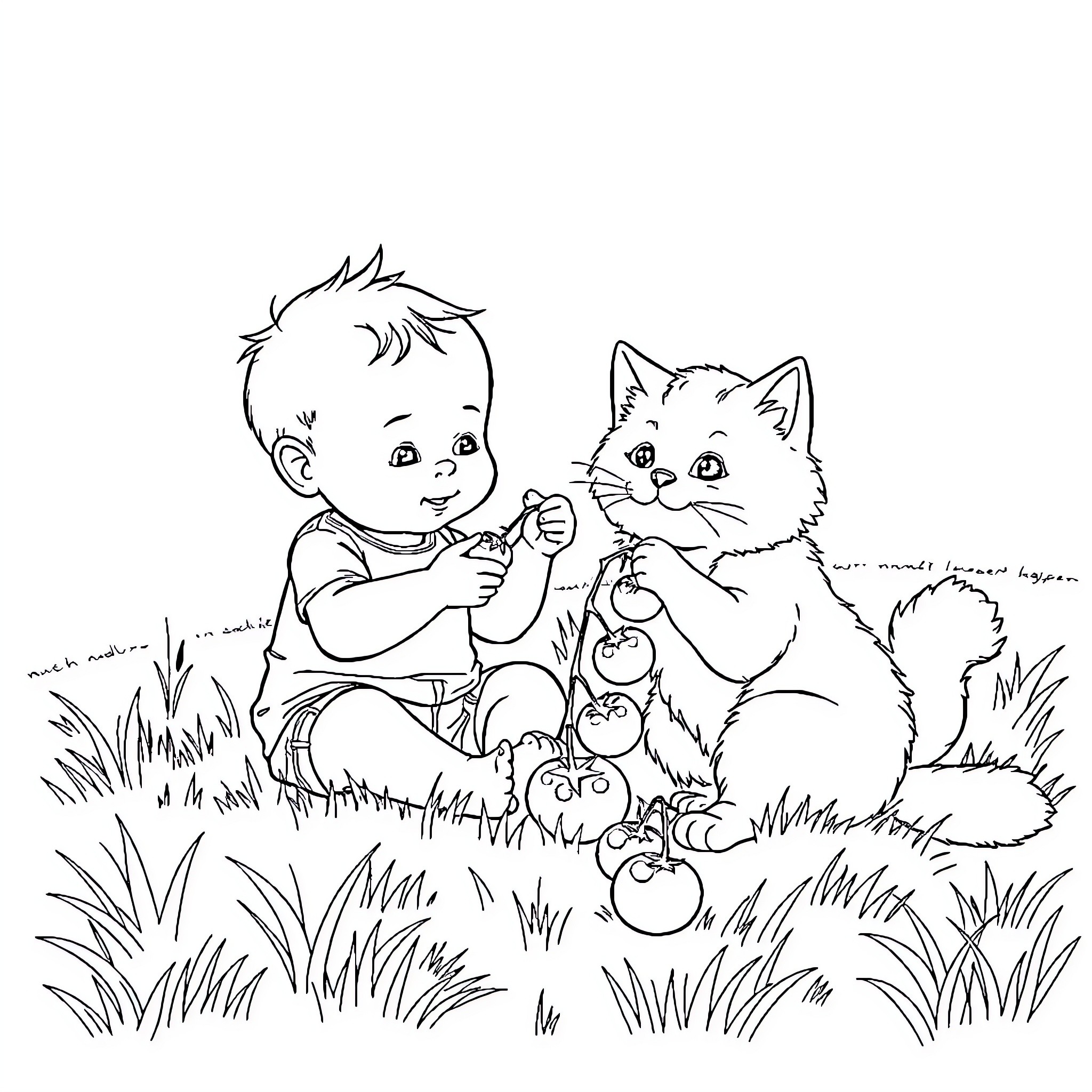 Baby playing with cute kitten in the meadow Coloring Page (free black-and-white line drawing printable PDF for all, from beginners to advanced learners, including children, teens, adults, and seniors)