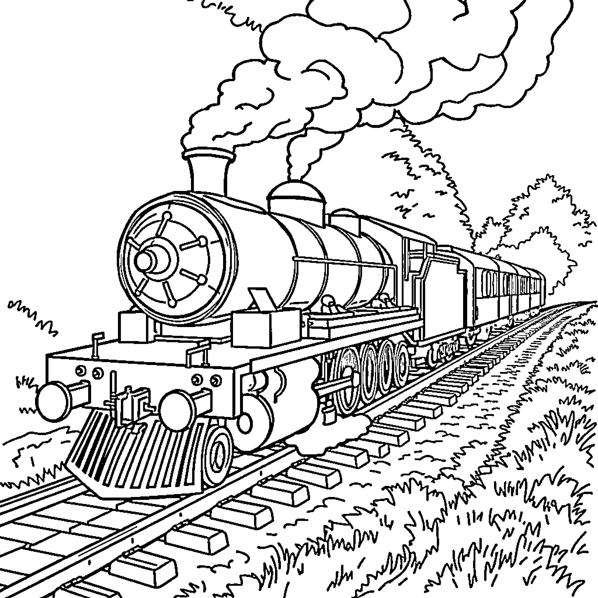 Steam Train Chugging Along the Tracks Coloring Page (free black-and-white line drawing printable PDF for all, from beginners to advanced learners, including children, teens, adults, and seniors)