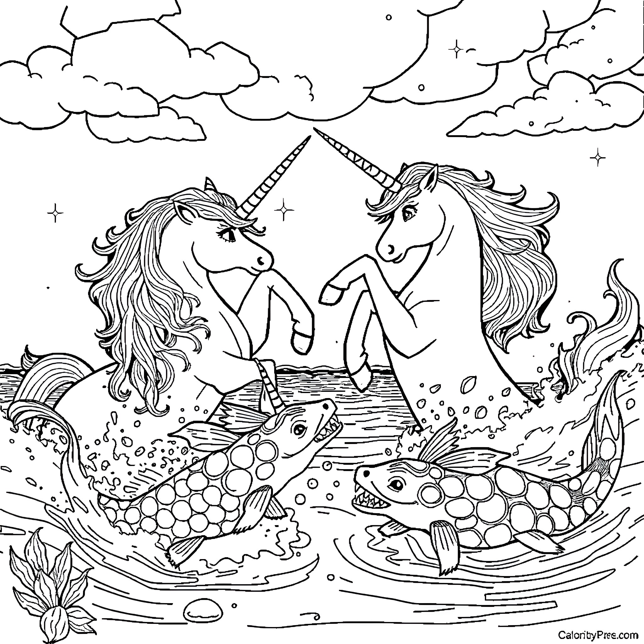 Unicorn Companions Frolicking in Enchanted Landscape Coloring Page (free black-and-white line drawing printable PDF for all, from beginners to advanced learners, including children, teens, adults, and seniors)