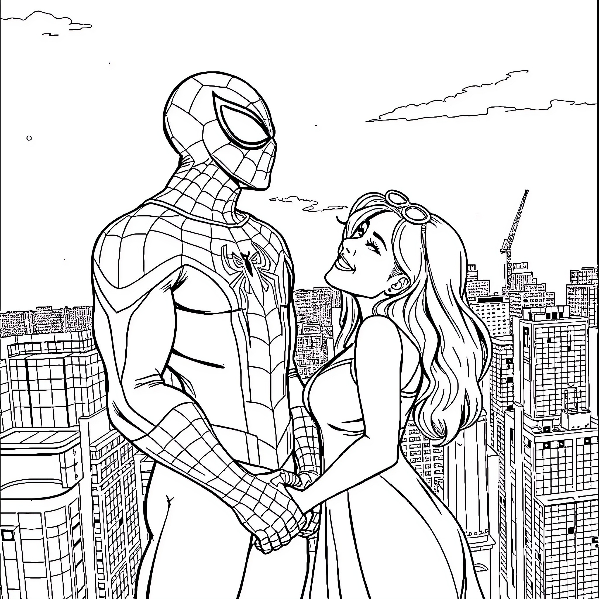 Spiderman and a woman on top of a city skyline Coloring Page (free black-and-white line drawing printable PDF for all, from beginners to advanced learners, including children, teens, adults, and seniors)