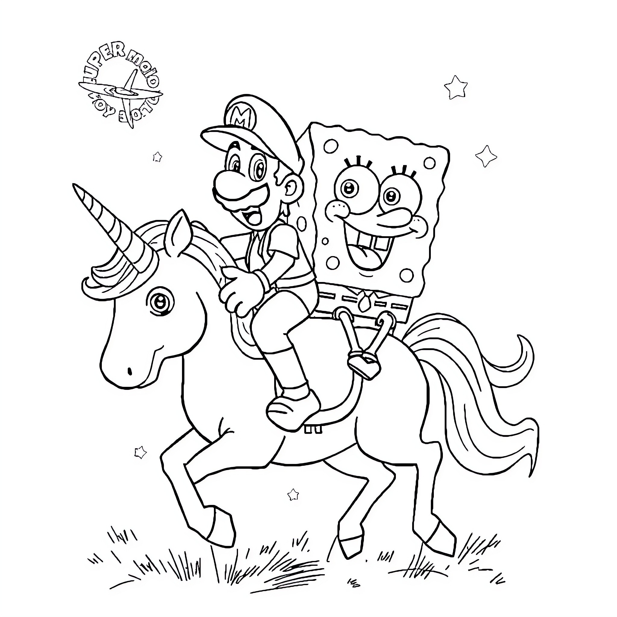 Mario riding a unicorn with SpongeBob Coloring Page (free black-and-white line drawing printable PDF for all, from beginners to advanced learners, including children, teens, adults, and seniors)