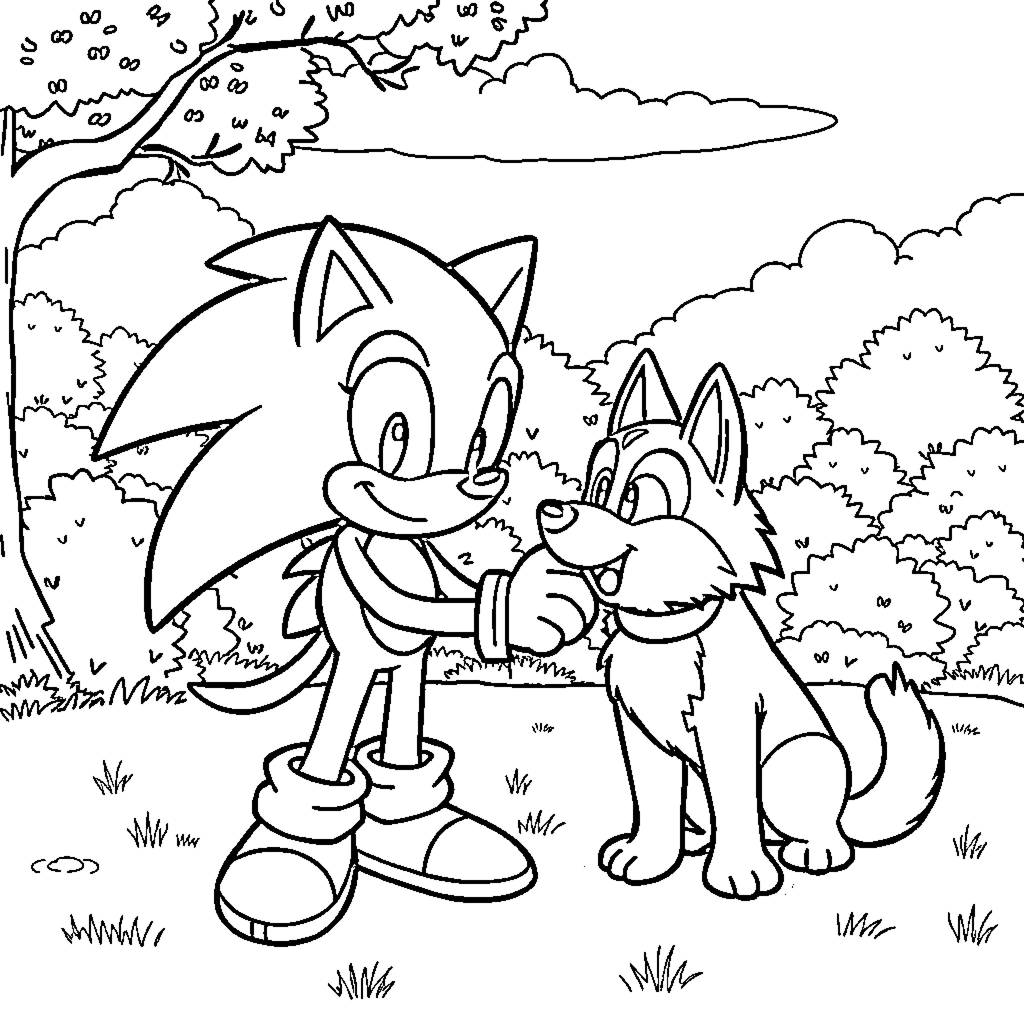 Sonic and friends enjoying the outdoors Coloring Page (free black-and-white line drawing printable PDF for all, from beginners to advanced learners, including children, teens, adults, and seniors)