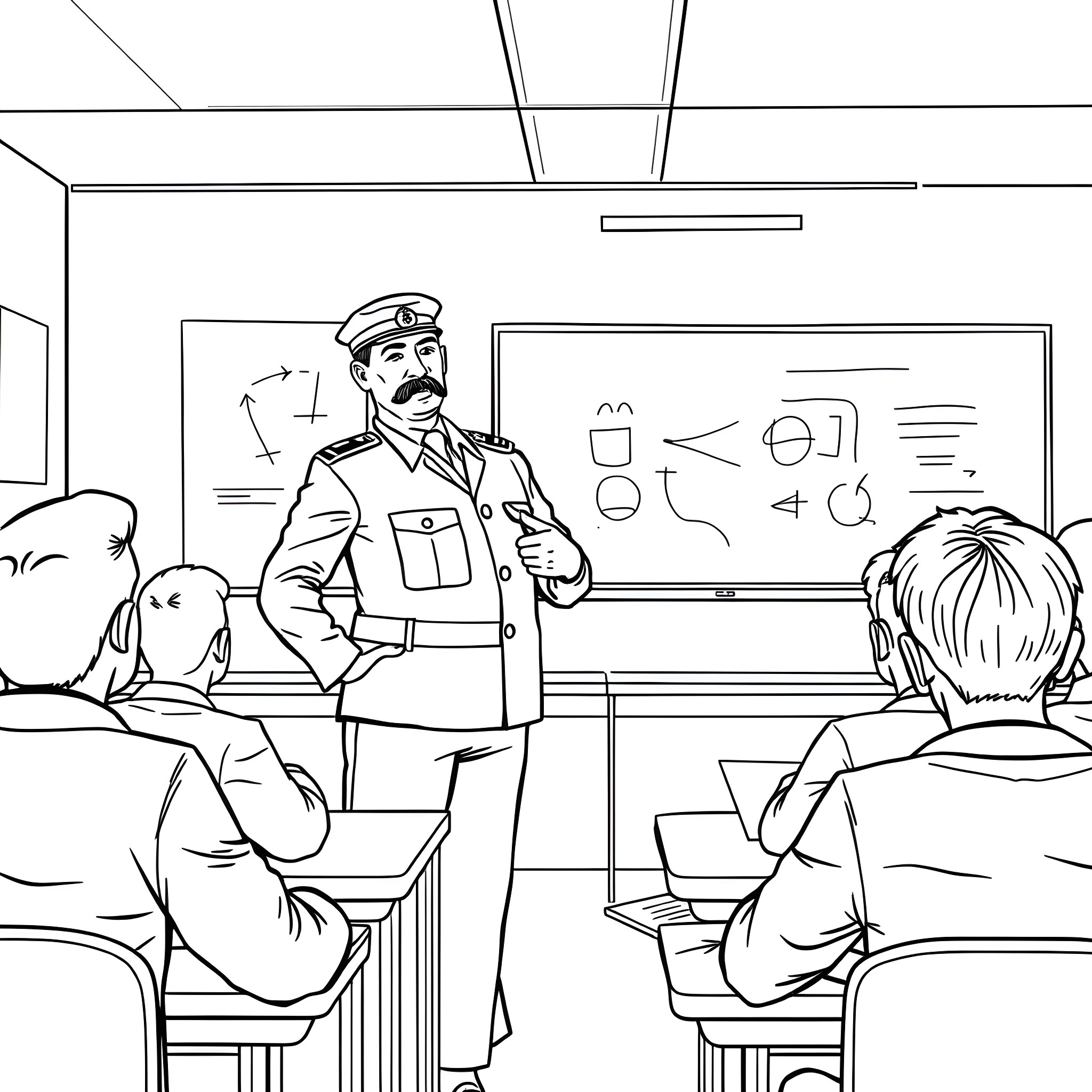 Military Member Teaching Class of Students Coloring Page (free black-and-white line drawing printable PDF for all, from beginners to advanced learners, including children, teens, adults, and seniors)