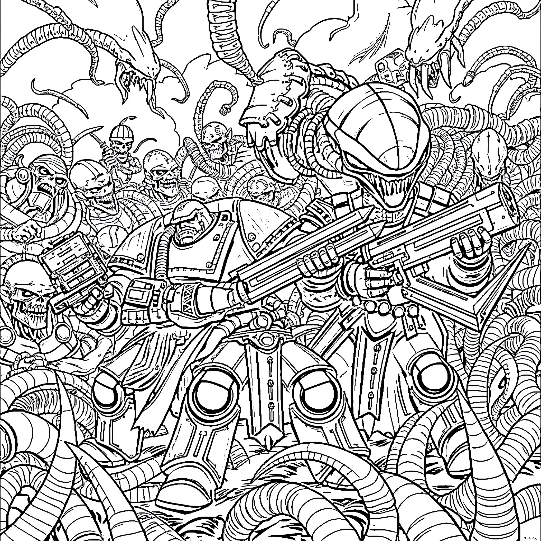 Salamander Mech Warrior in Alien Combat Chaos Coloring Page (free black-and-white line drawing printable PDF for all, from beginners to advanced learners, including children, teens, adults, and seniors)