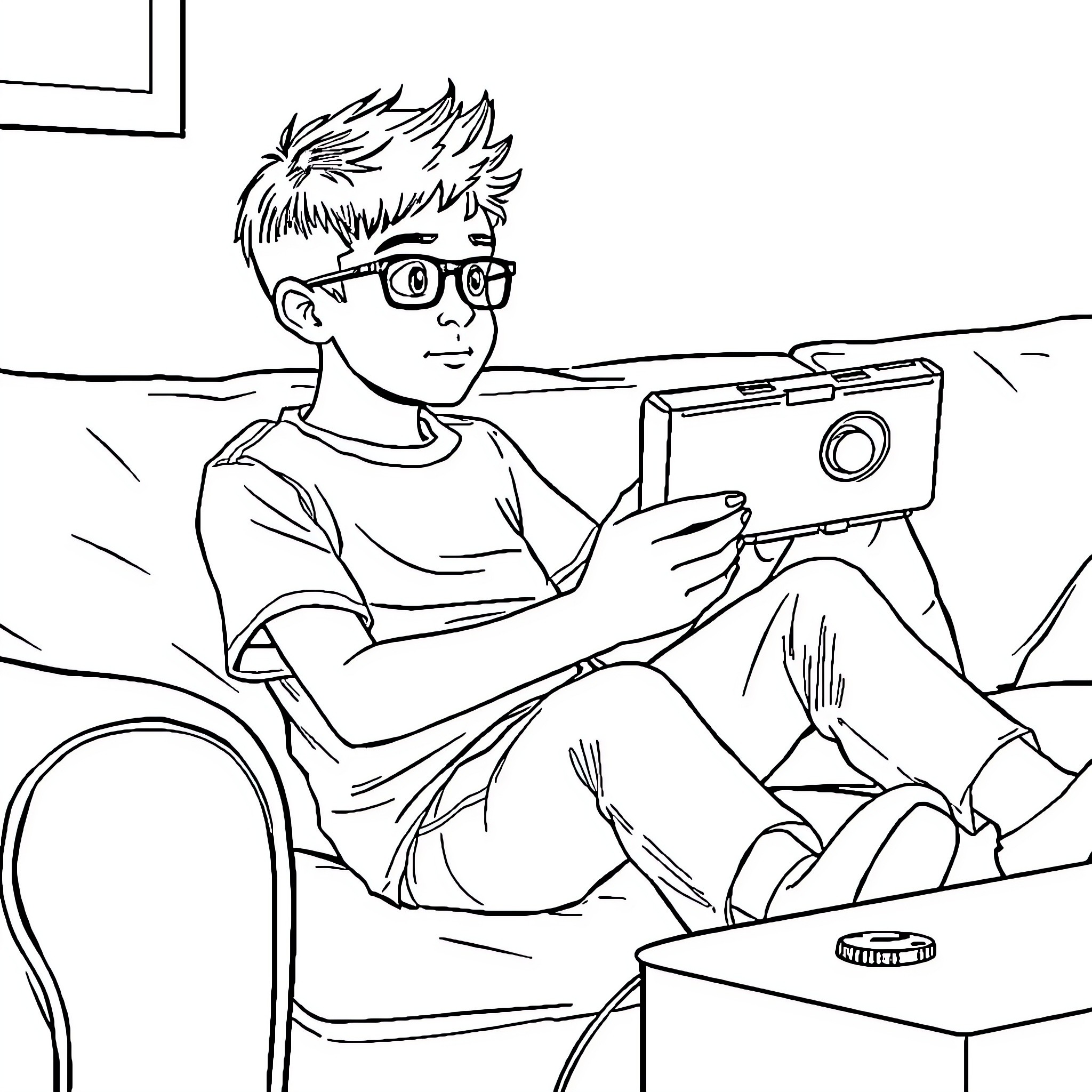Pumuda Playing with Game Console at Home Coloring Page (free black-and-white line drawing printable PDF for all, from beginners to advanced learners, including children, teens, adults, and seniors)