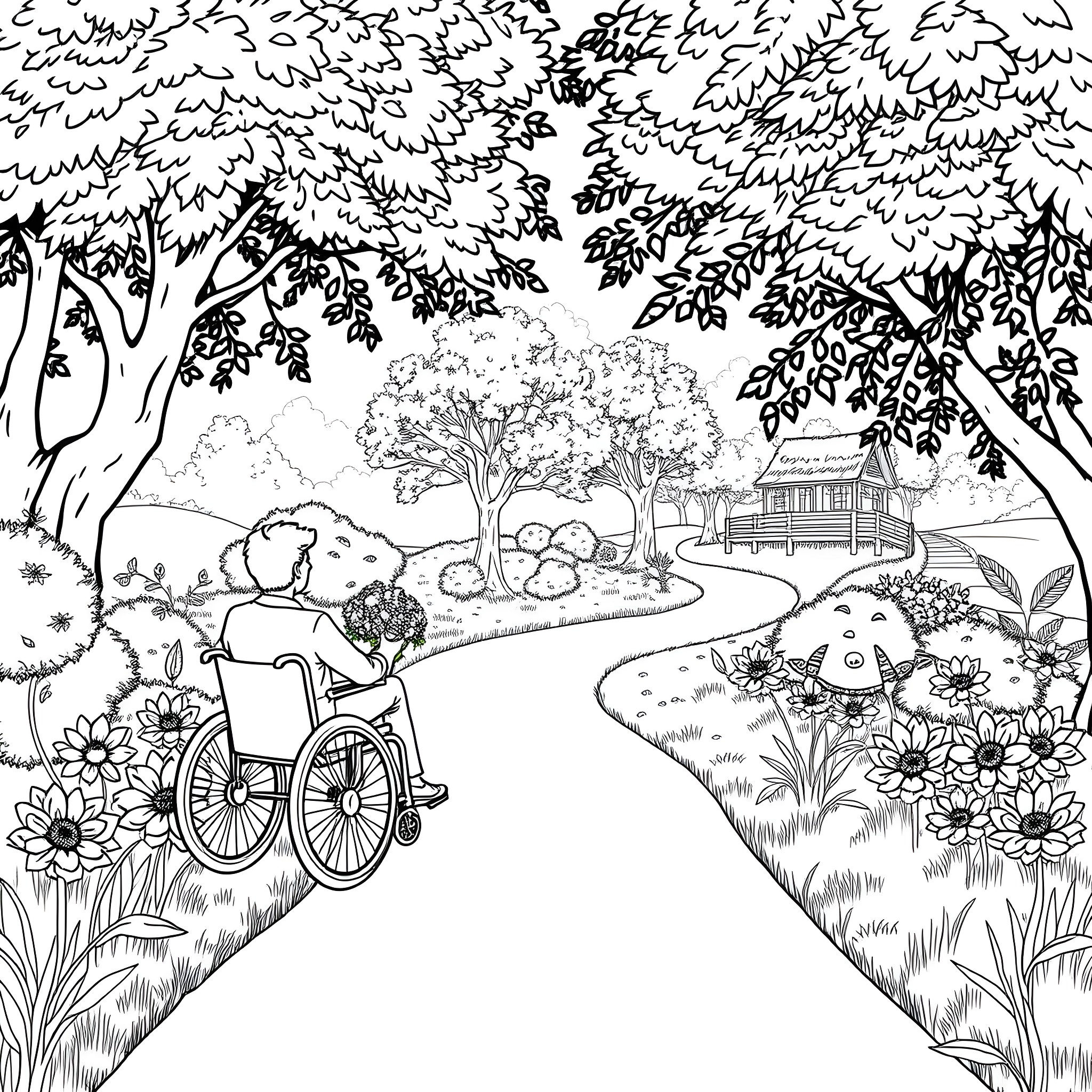 Person in wheelchair enjoying nature in park Coloring Page (free black-and-white line drawing printable PDF for all, from beginners to advanced learners, including children, teens, adults, and seniors)