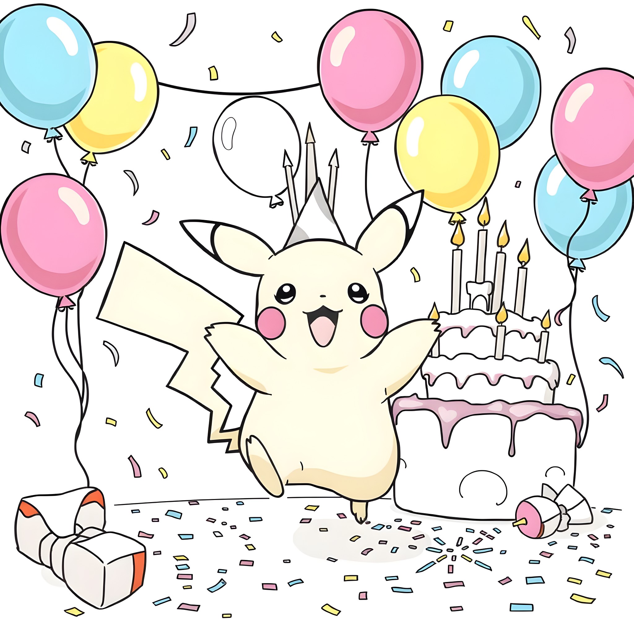 Pikachu celebrating birthday with balloons and cake Coloring Page (free black-and-white line drawing printable PDF for all, from beginners to advanced learners, including children, teens, adults, and seniors)
