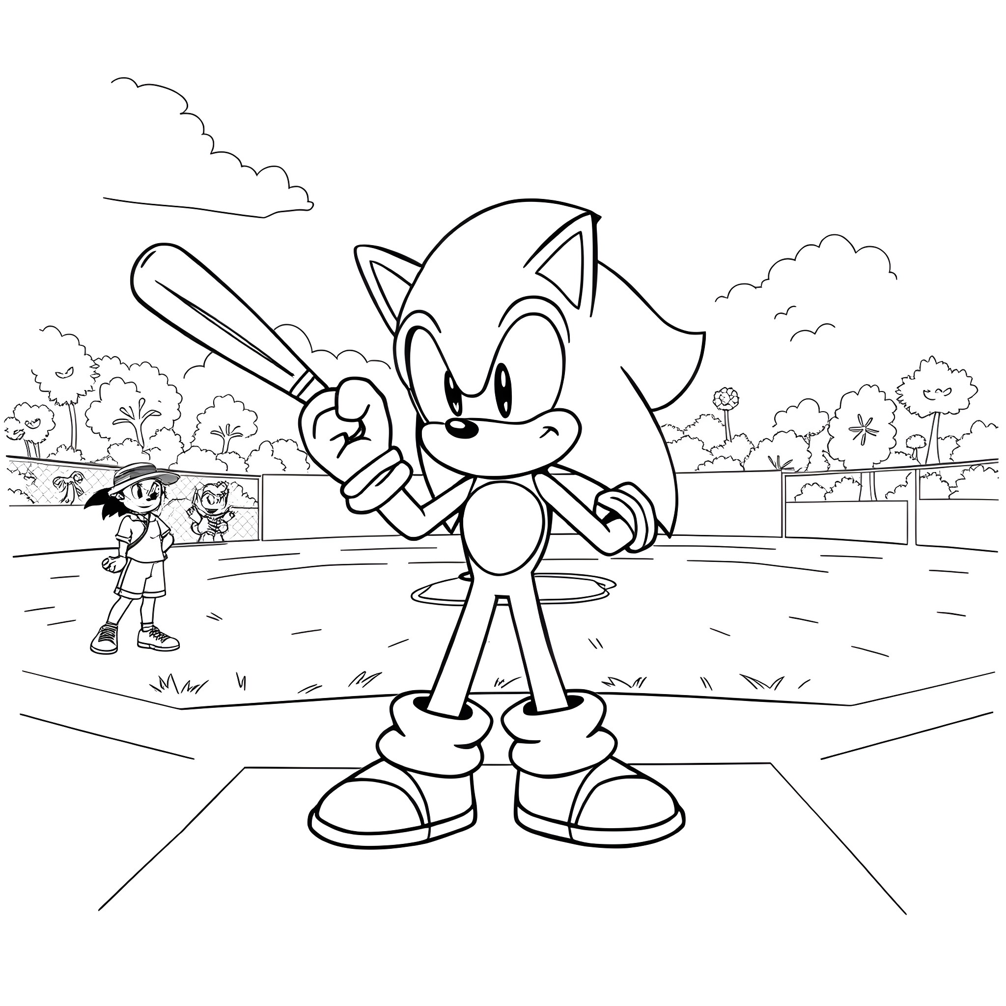 Sonic the Hedgehog playing baseball in the park Coloring Page (free black-and-white line drawing printable PDF for all, from beginners to advanced learners, including children, teens, adults, and seniors)