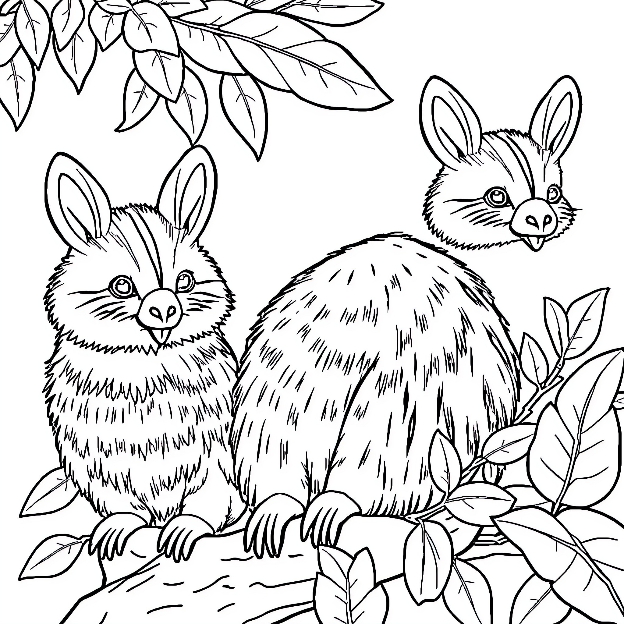 Capybara Companions in Nature's Embrace Coloring Page (free black-and-white line drawing printable PDF for all, from beginners to advanced learners, including children, teens, adults, and seniors)