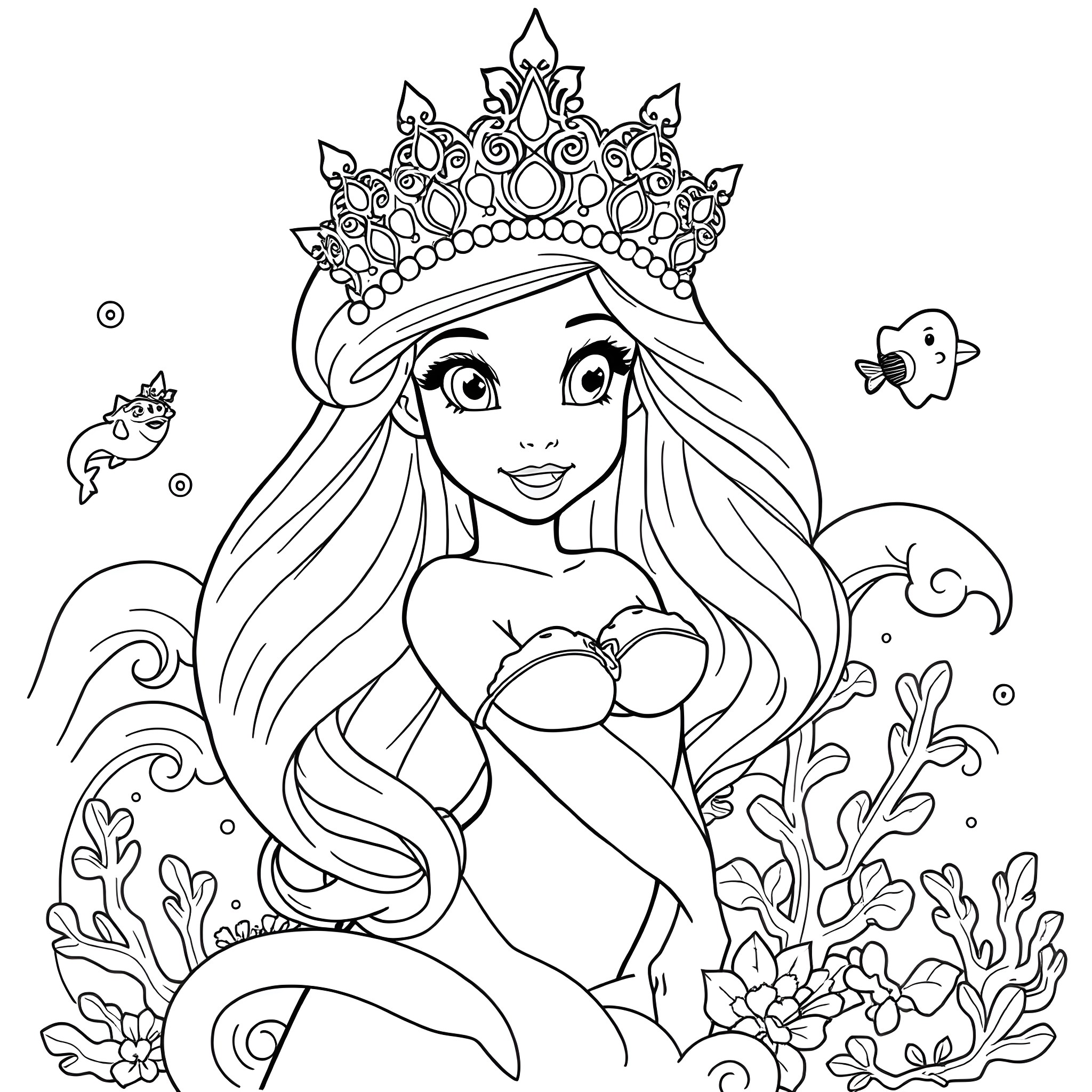 Ariel the Mermaid in an Underwater Wonderland Coloring Page (free black-and-white line drawing printable PDF for all, from beginners to advanced learners, including children, teens, adults, and seniors)
