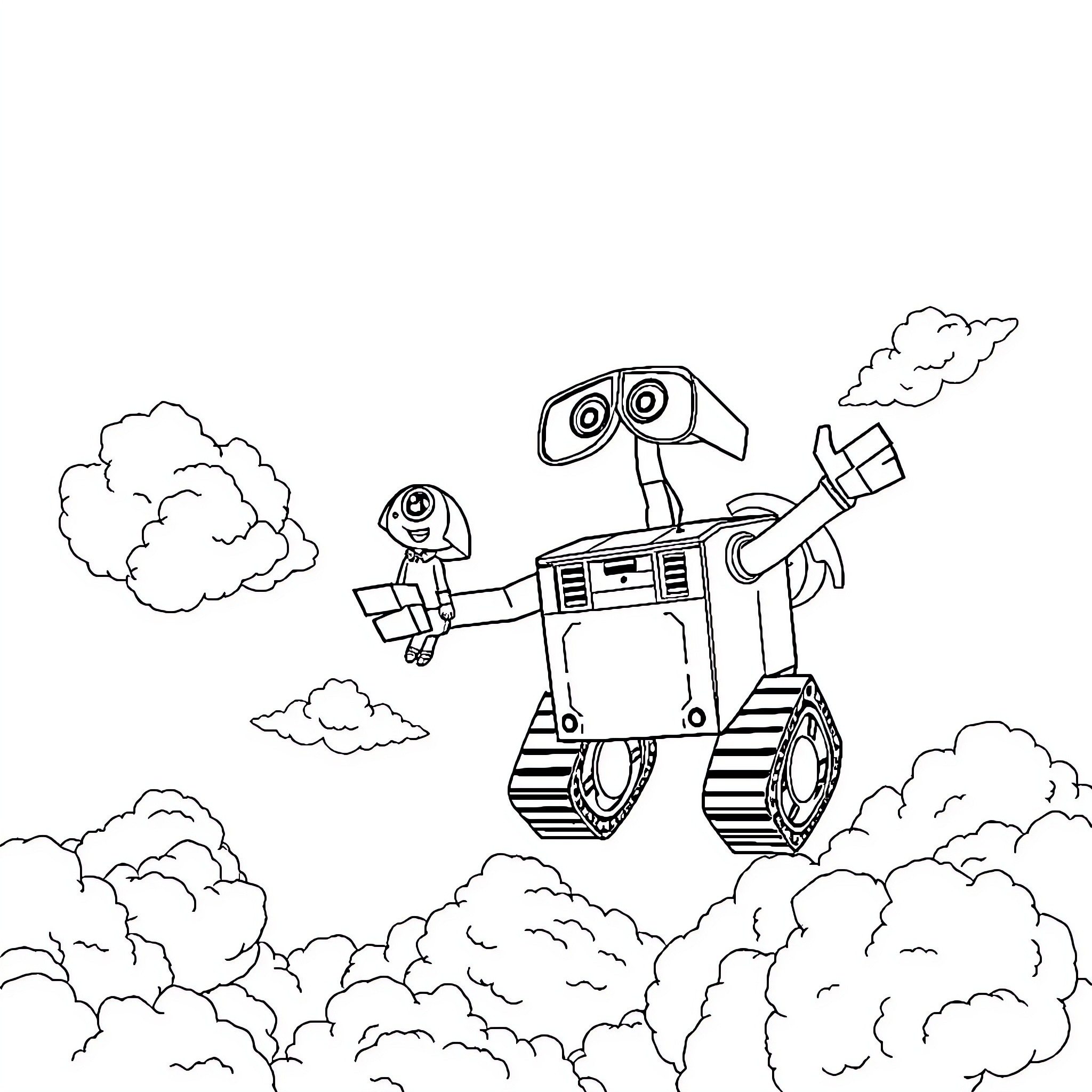 Wall-E exploring the clouds with his robot companion Coloring Page (free black-and-white line drawing printable PDF for all, from beginners to advanced learners, including children, teens, adults, and seniors)