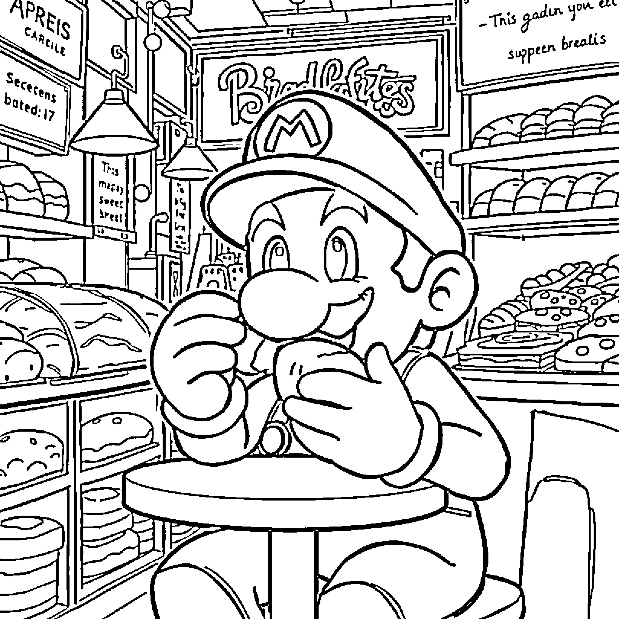 Super Mario Enjoys a Snack in the Bakery Coloring Page (free black-and-white line drawing printable PDF for all, from beginners to advanced learners, including children, teens, adults, and seniors)