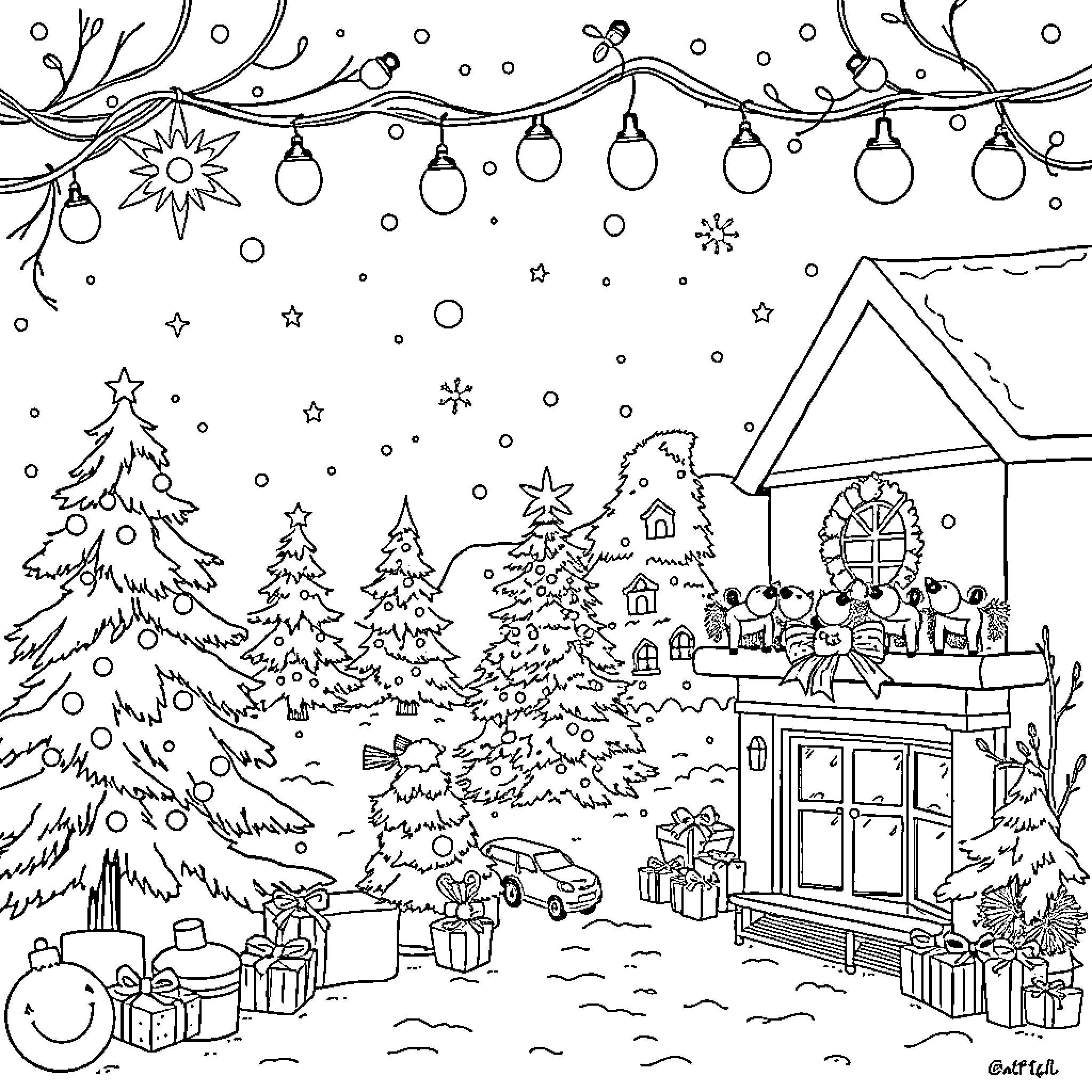 Christmas Celebration in Snowy Village Coloring Page (free black-and-white line drawing printable PDF for all, from beginners to advanced learners, including children, teens, adults, and seniors)