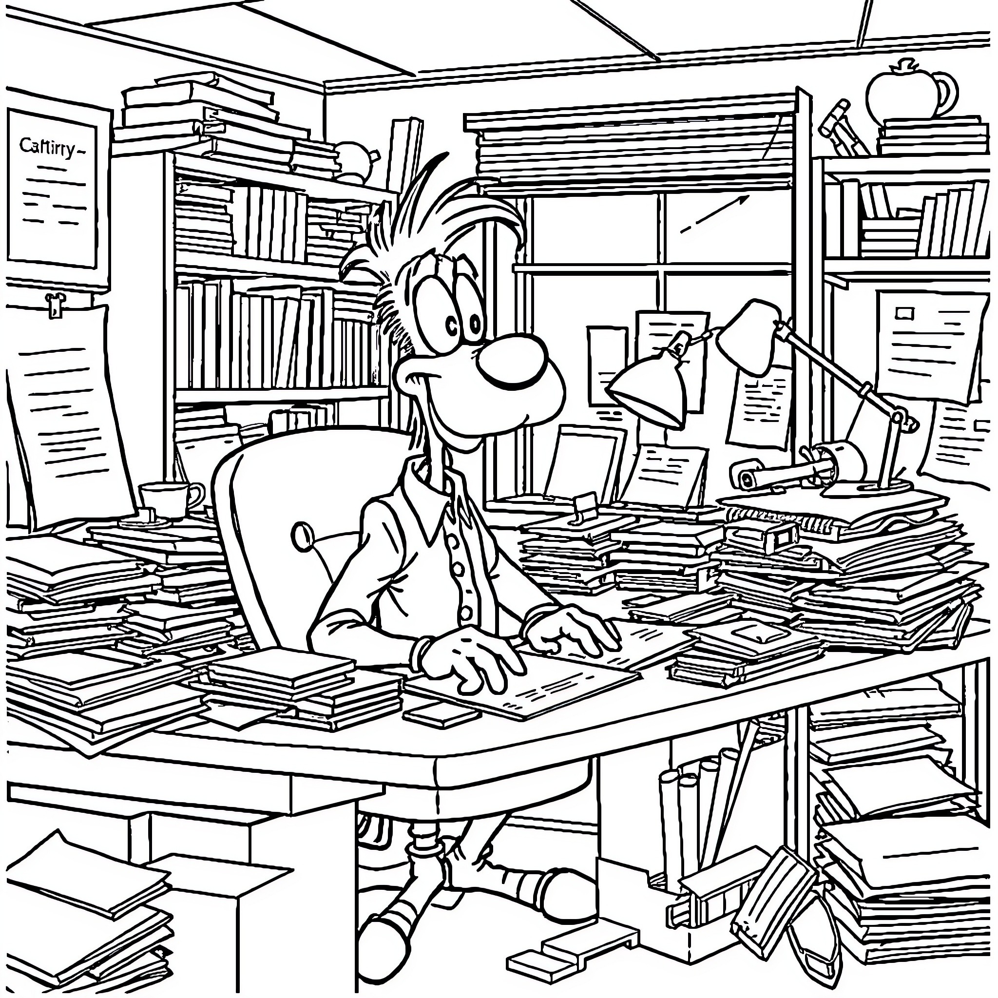 Gastón's Chaotic Desk and Bookshelf Coloring Page (free black-and-white line drawing printable PDF for all, from beginners to advanced learners, including children, teens, adults, and seniors)