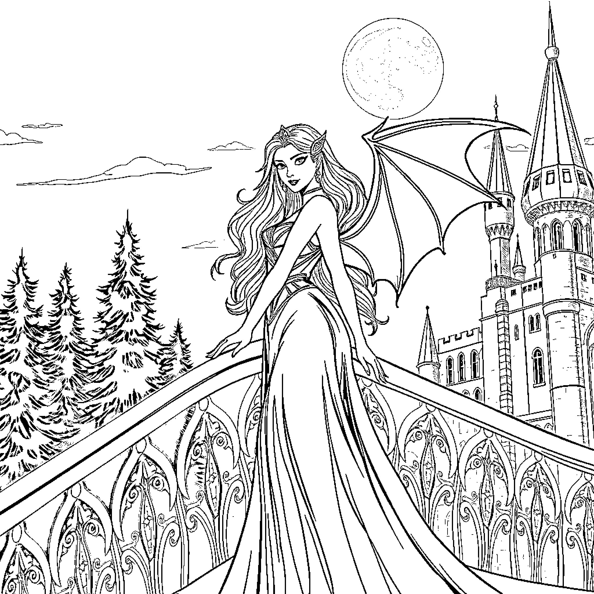 Vampire Princess gazing upon a fantasy castle landscape Coloring Page (free black-and-white line drawing printable PDF for all, from beginners to advanced learners, including children, teens, adults, and seniors)