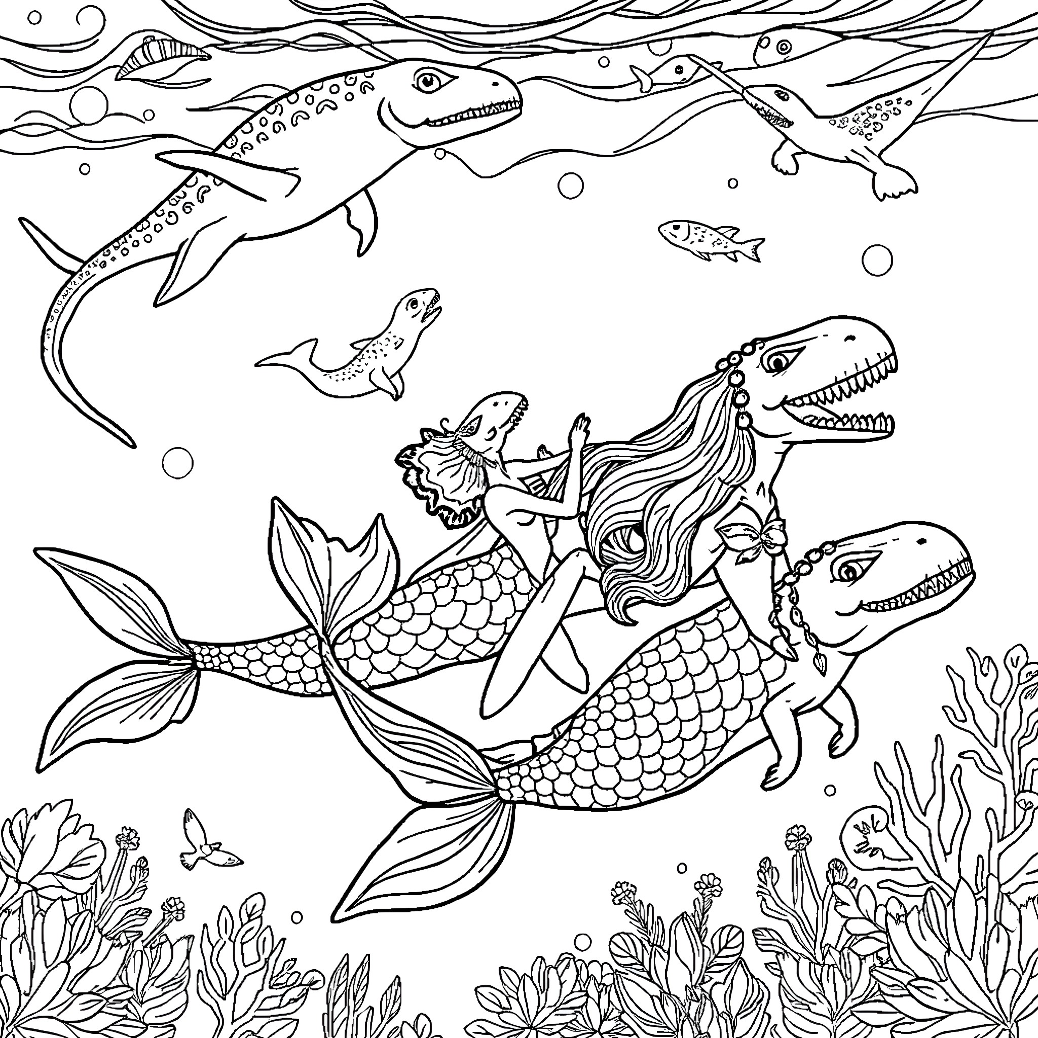 Mermaid riding on a fantastical sea creature Coloring Page (free black-and-white line drawing printable PDF for all, from beginners to advanced learners, including children, teens, adults, and seniors)