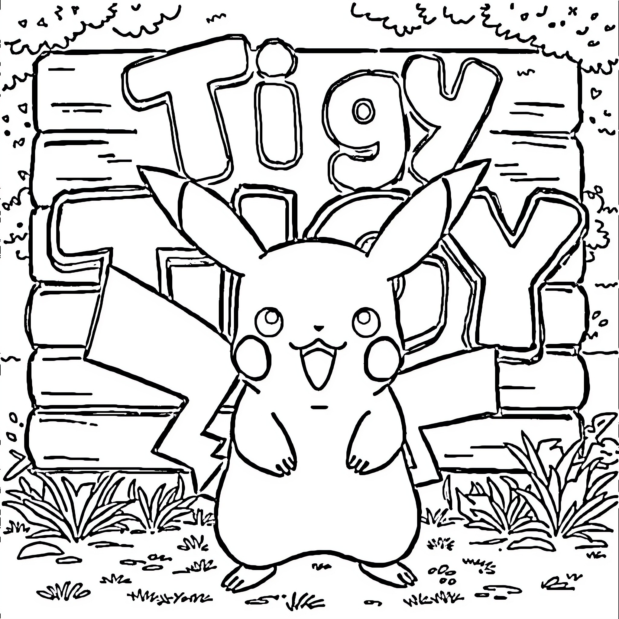 Pikachu enjoying nature's elements Coloring Page (free black-and-white line drawing printable PDF for all, from beginners to advanced learners, including children, teens, adults, and seniors)