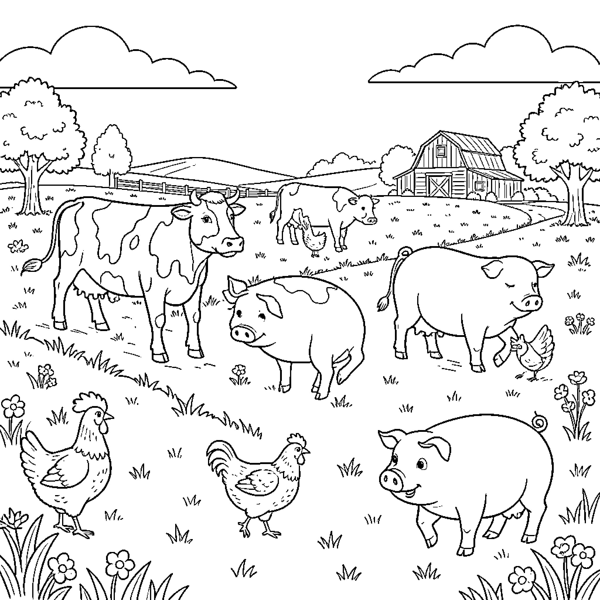 Farm Animal Family in Idyllic Countryside Coloring Page (free black-and-white line drawing printable PDF for all, from beginners to advanced learners, including children, teens, adults, and seniors)
