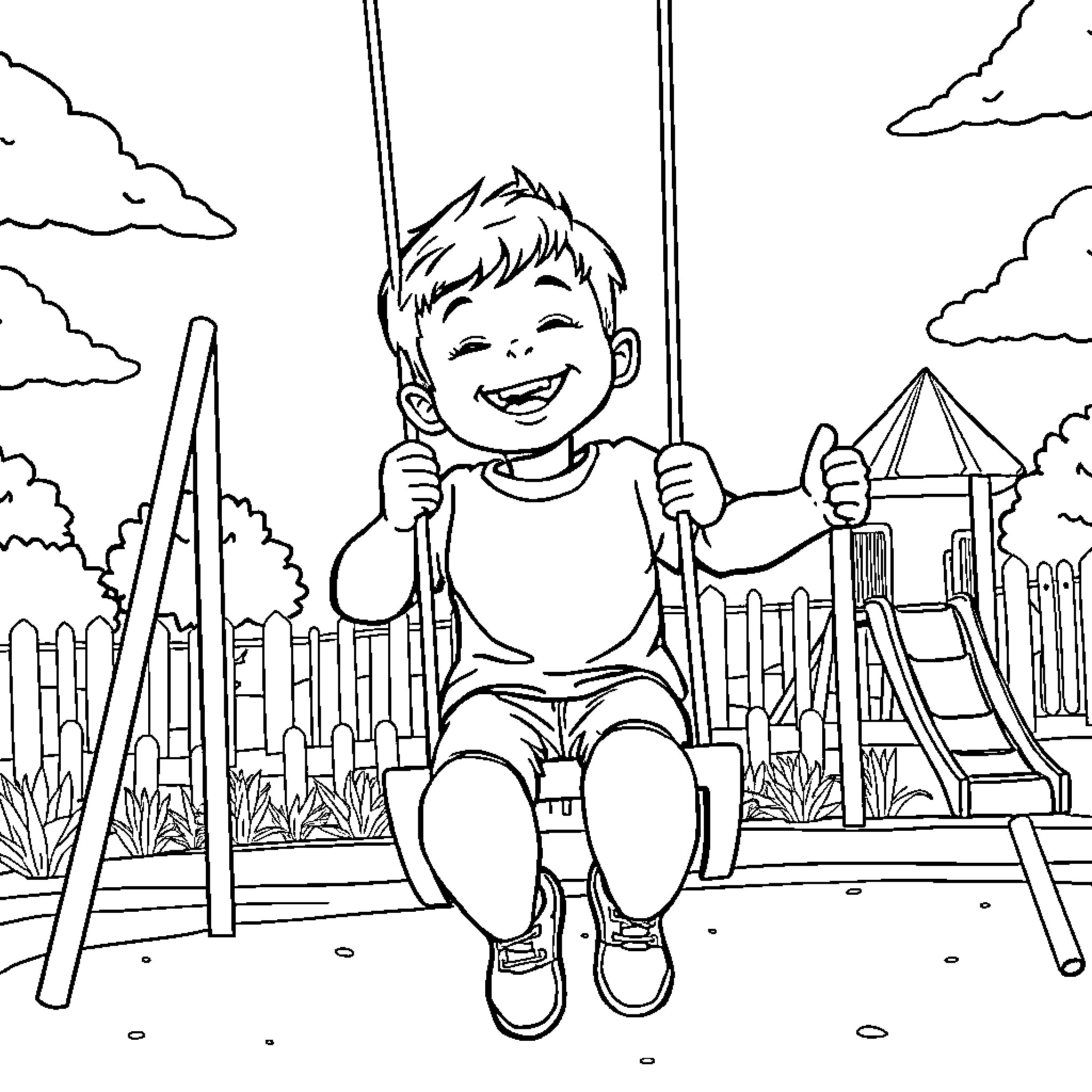 Boy joyfully swinging on the playground Coloring Page (free black-and-white line drawing printable PDF for all, from beginners to advanced learners, including children, teens, adults, and seniors)