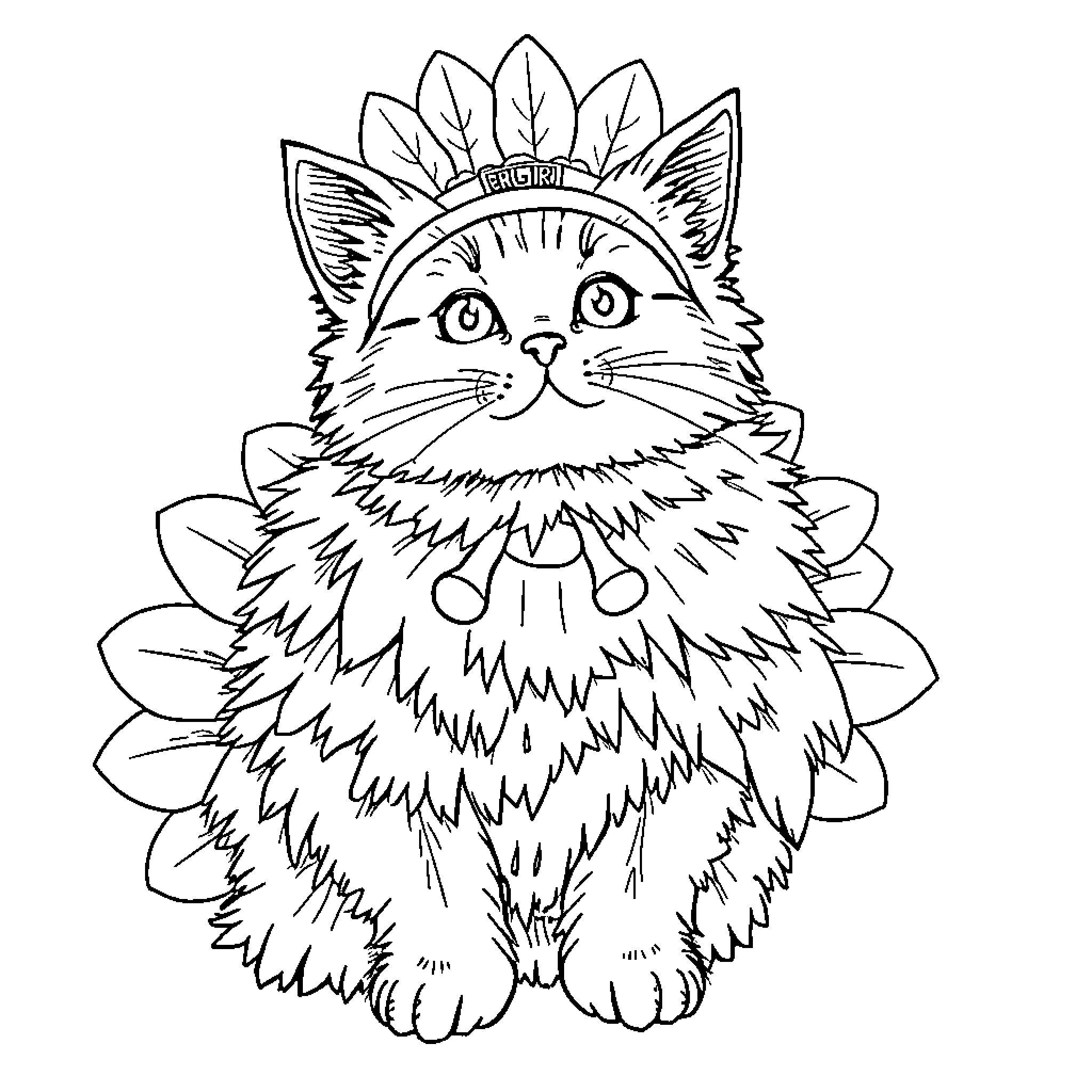 Cat wearing a leaf crown Coloring Page (free black-and-white line drawing printable PDF for all, from beginners to advanced learners, including children, teens, adults, and seniors)