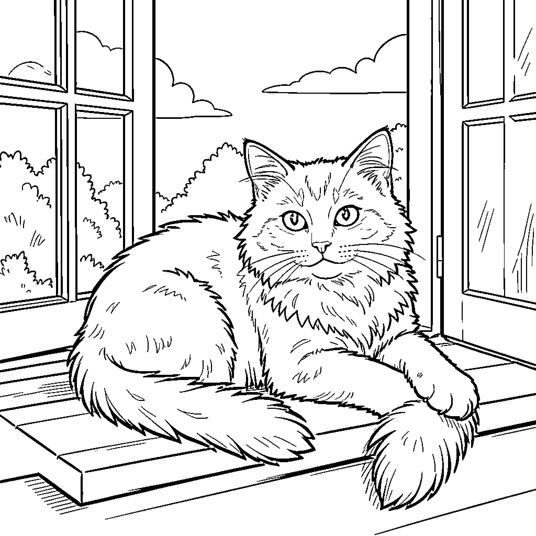 Cat gazing out the window at the scenery Coloring Page (free black-and-white line drawing printable PDF for all, from beginners to advanced learners, including children, teens, adults, and seniors)