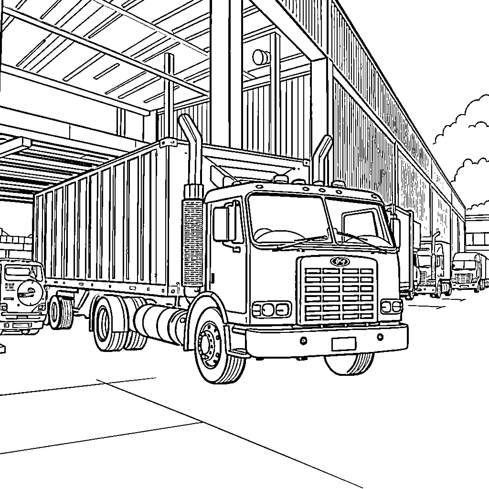 Truck transporting cargo in industrial facility Coloring Page (free black-and-white line drawing printable PDF for all, from beginners to advanced learners, including children, teens, adults, and seniors)
