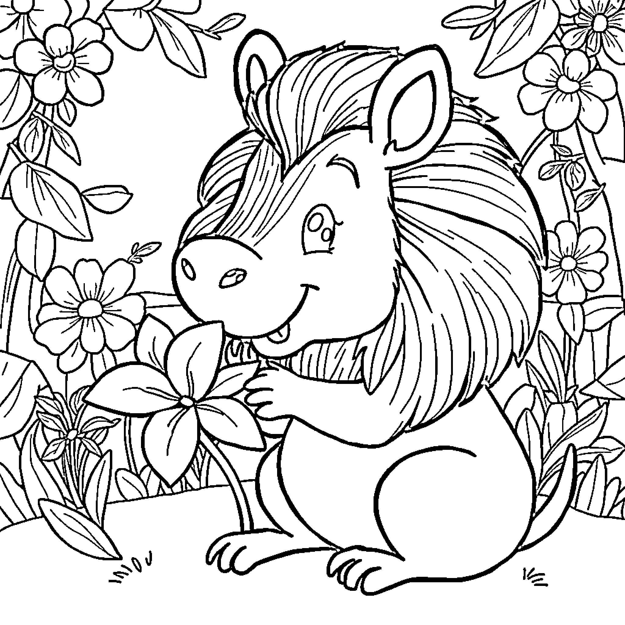 Capybara surrounded by vibrant flowers Coloring Page (free black-and-white line drawing printable PDF for all, from beginners to advanced learners, including children, teens, adults, and seniors)