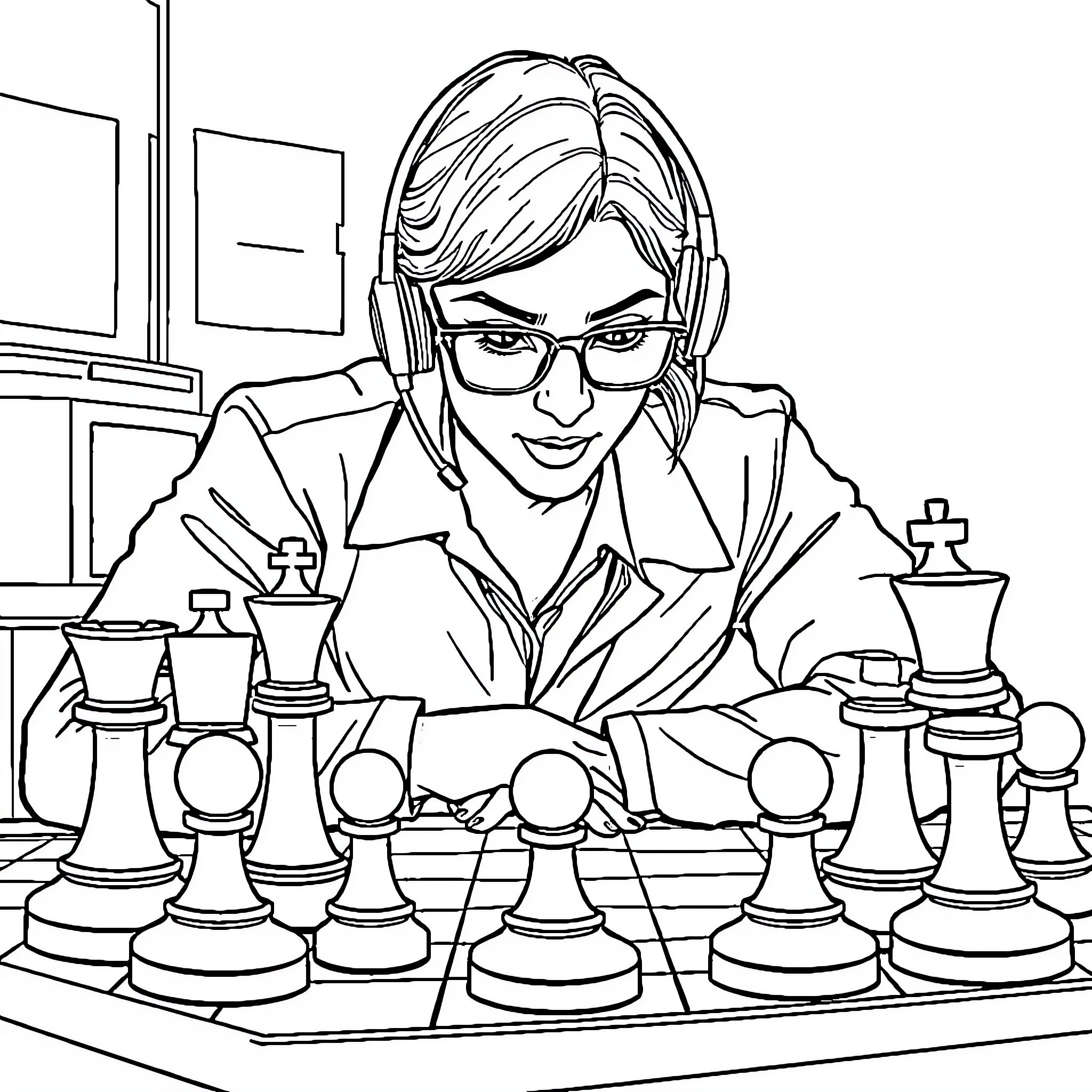 Customer Service Agent Strategizing Chess Moves Coloring Page (free black-and-white line drawing printable PDF for all, from beginners to advanced learners, including children, teens, adults, and seniors)