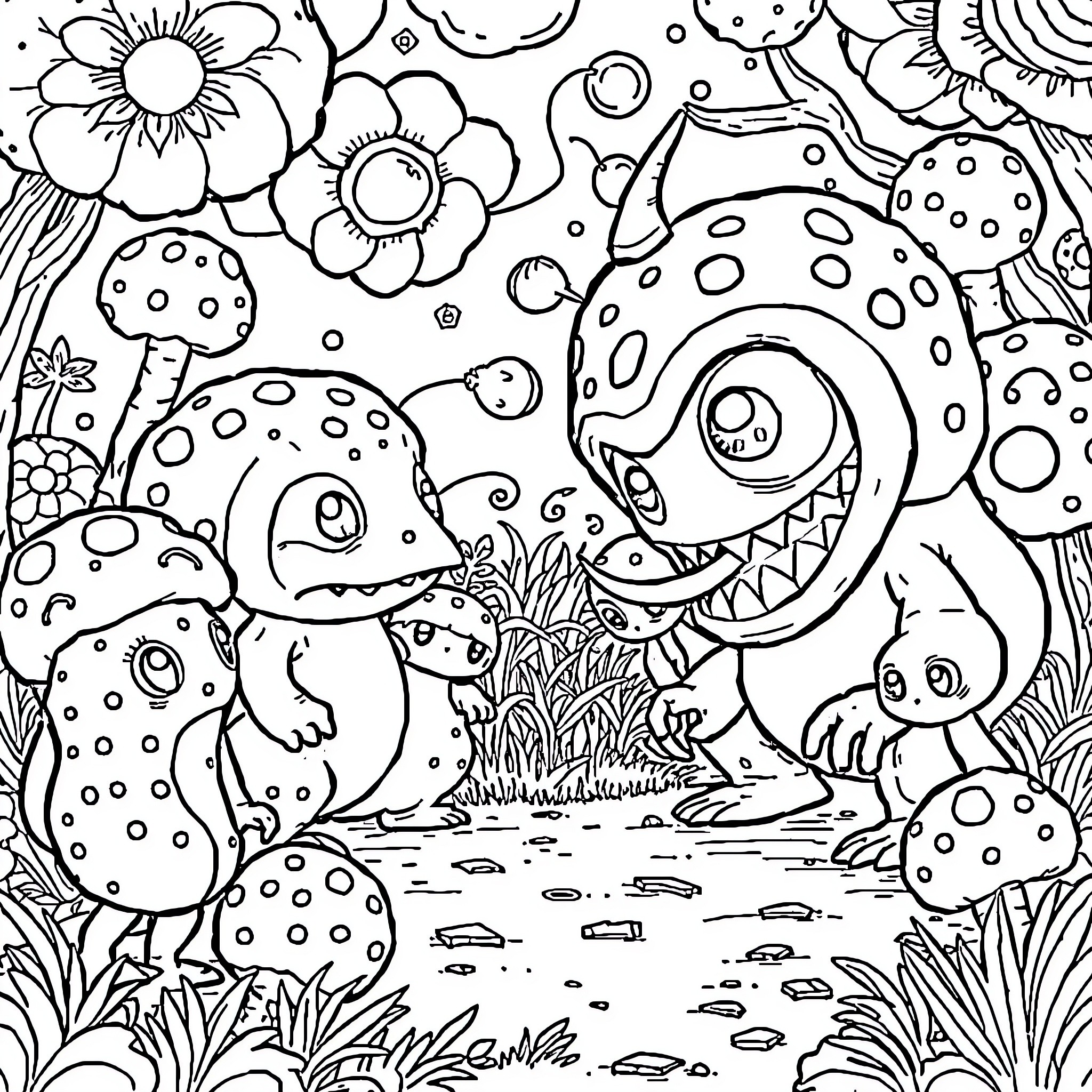 Labubu's Whimsical Wonderland Coloring Page (free black-and-white line drawing printable PDF for all, from beginners to advanced learners, including children, teens, adults, and seniors)